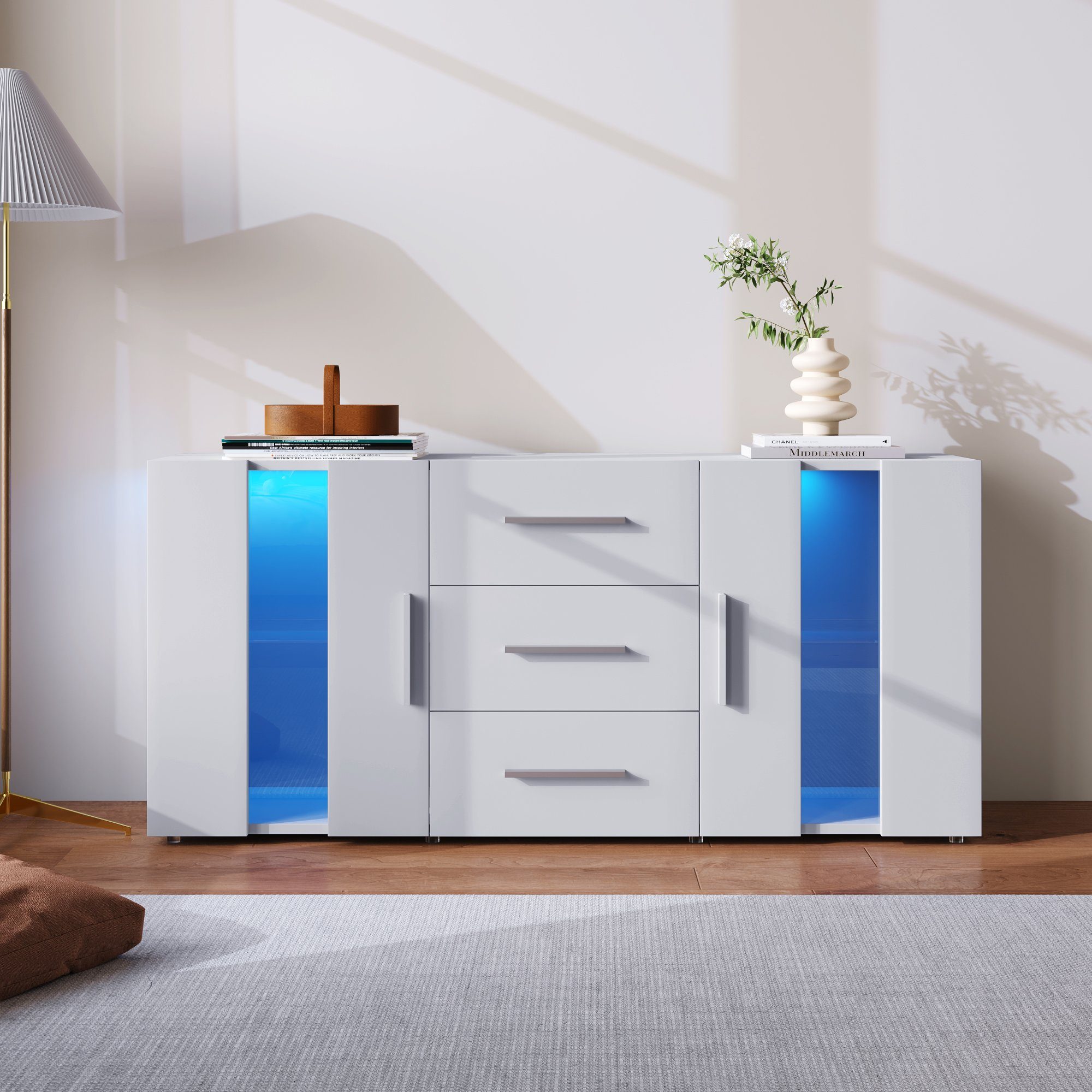 Merax Sideboard mit LED-Beleuchtung inkl. Fernbedienung, Kommode mit 2 Türen und 3 Schubladen, TV-Board, Anrichte, B:140cm
