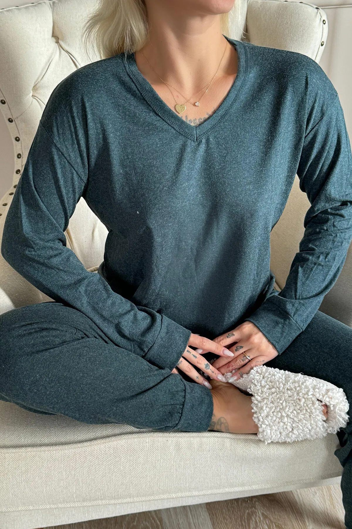 Pijamaevi  Langärmliges Damen-Pyjama-Set aus grünem Bambus