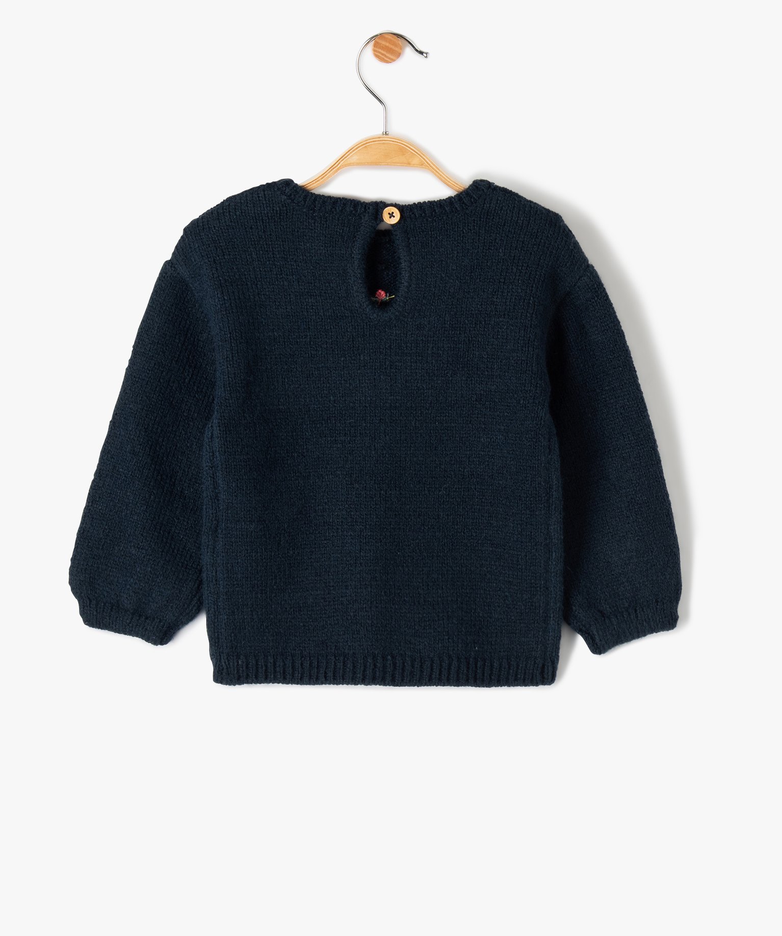 Pull bébé fille en grosse maille à broderies fleurs bleu fonce | GEMO