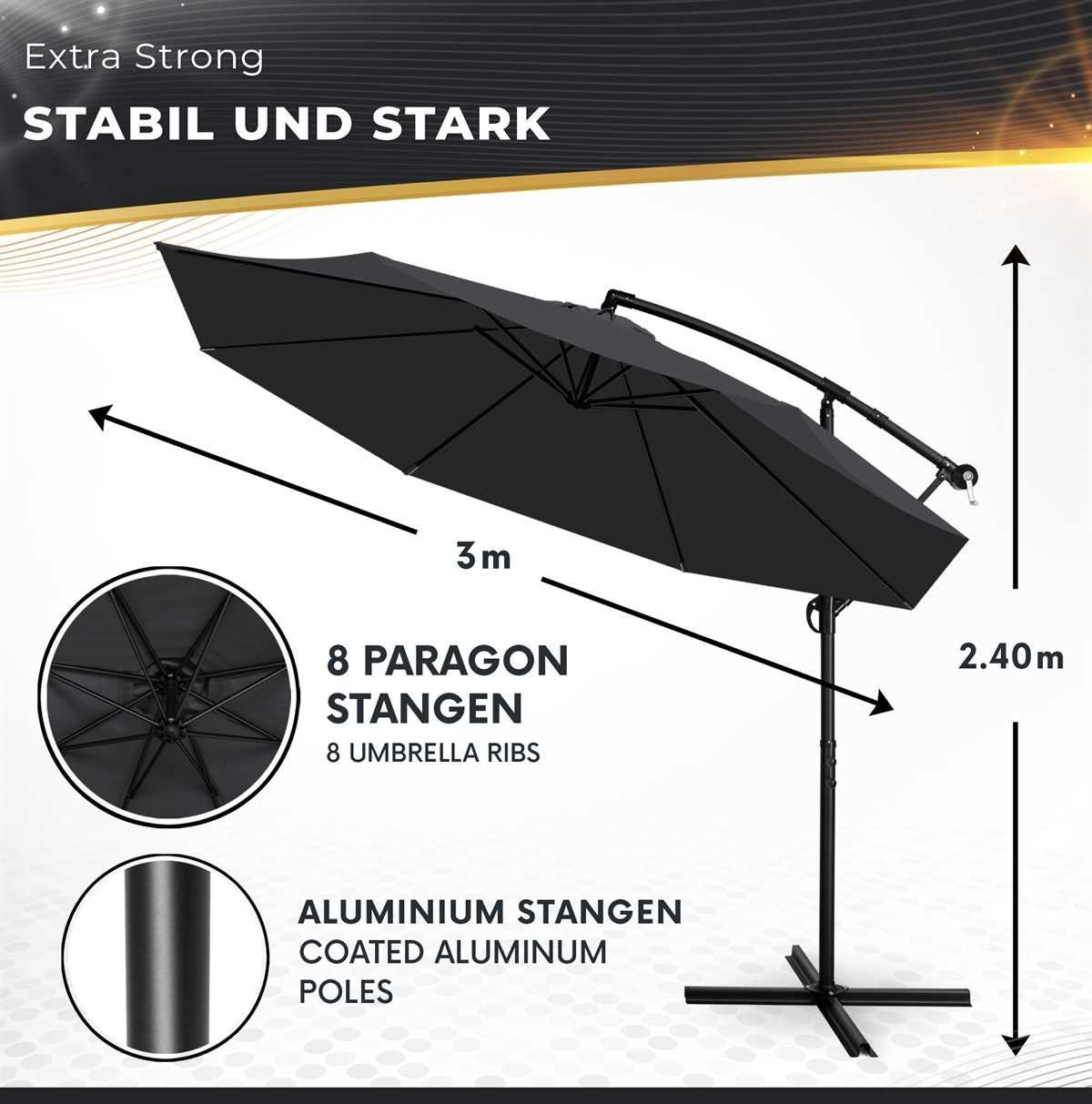 tillvex Sonnenschirm Ø 300 cm mit Kurbel, Ampelschirm mit Ständer, Gartenschirm UV-Schutz Aluminium, Kurbelschirm Marktschirm wasserdicht