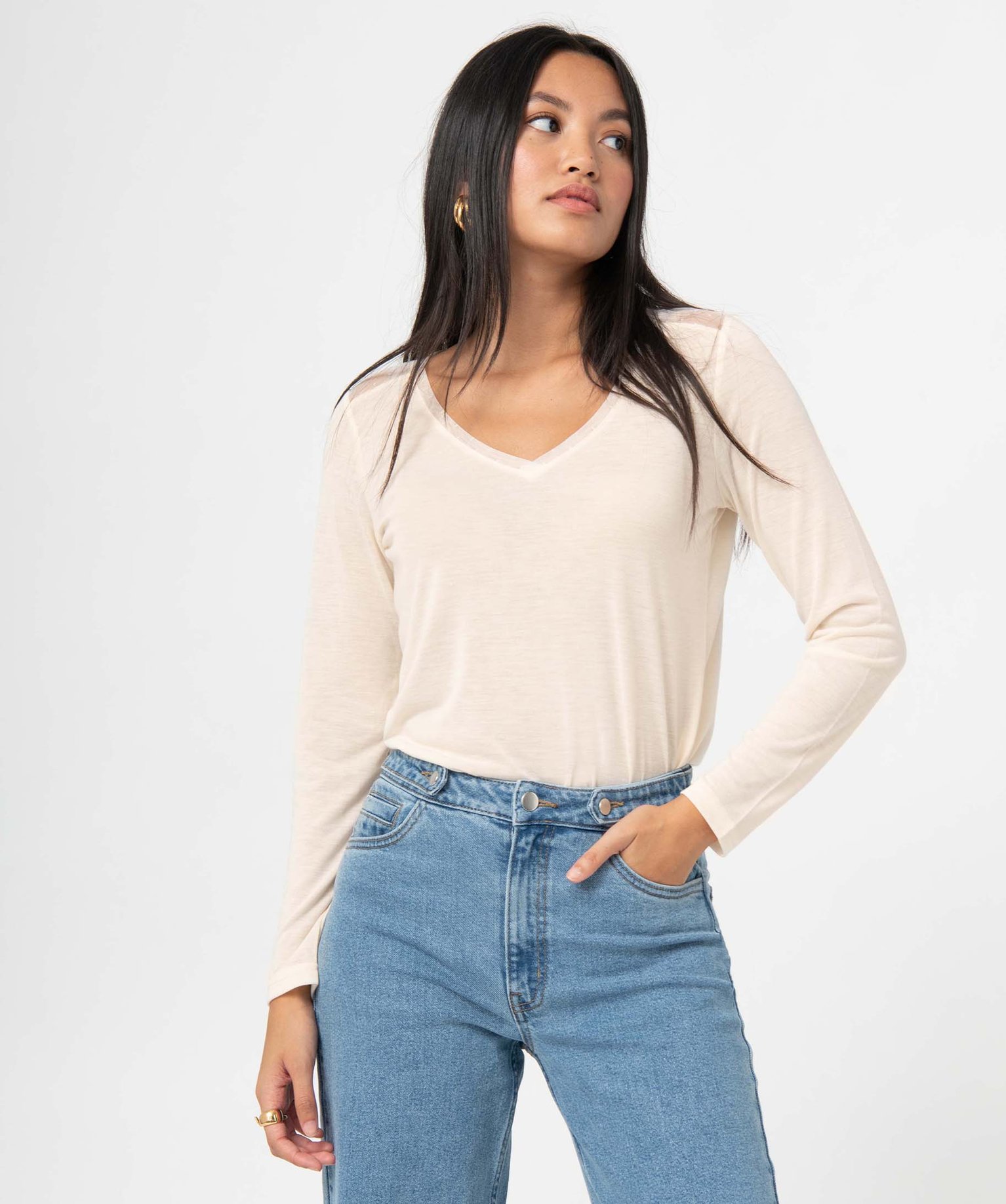 Tee-shirt femme à manches longues avec tulle dans le haut d... ecru | GEMO