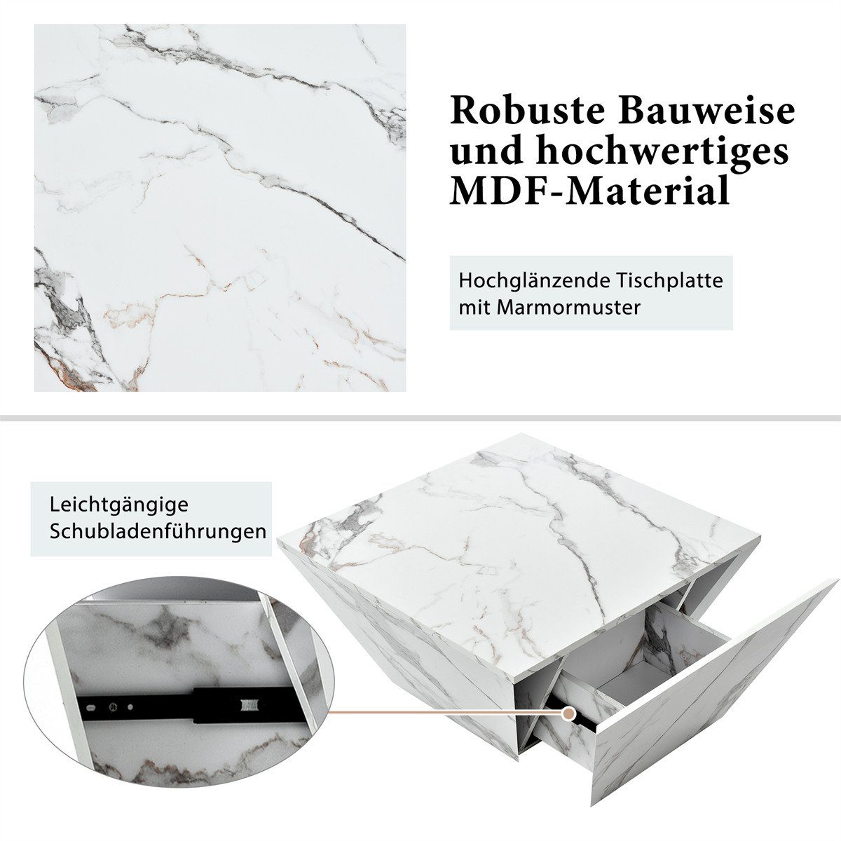 XDeer Couchtisch Moderner Trommel Couchtisch(weiß,70*70*37cm)Wohnzimmertisch, Trapezförmiger Kaffeetisch,Marmorfurnier Beistelltisch