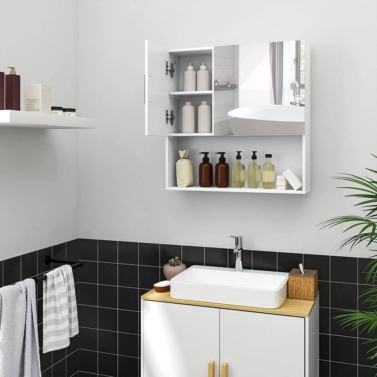 EUGAD Spiegelschrank (1-St) mit Tür, 5 Fächern, aus E1-MDF, Weiß, 54x55x15cm