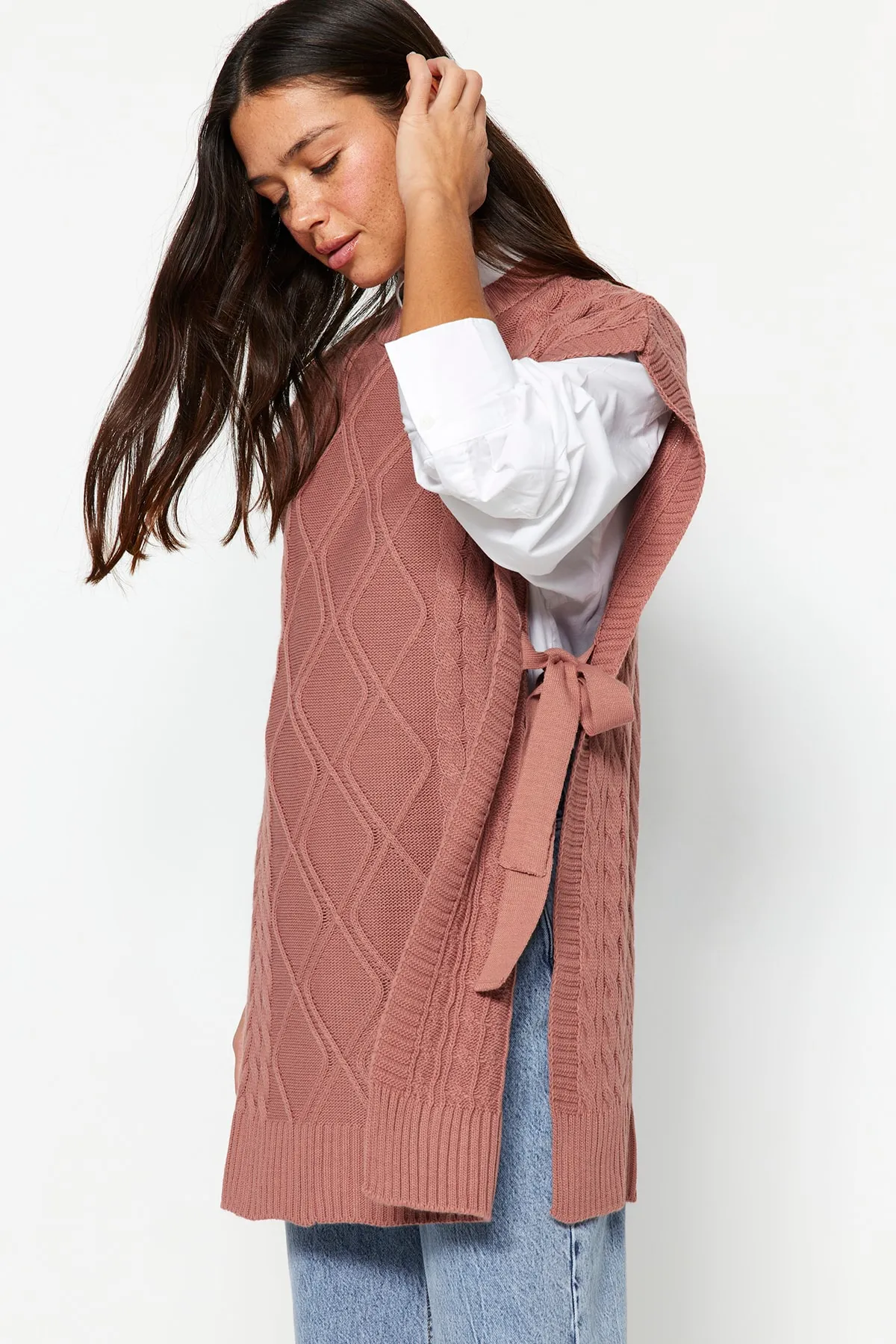 Trendyol Modest  Dusty Rose geflochtener Strickpullover zum Binden an der Taille TCTAW22UV0018