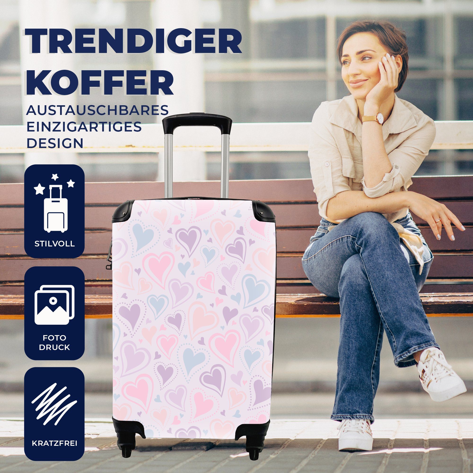 MuchoWow Handgepäckkoffer Mädchen - Herzen - Schnittmuster - Mädchen - Kinder - Kinder, 4 Rollen, Reisetasche mit rollen, Handgepäck für Ferien, Trolley, Reisekoffer