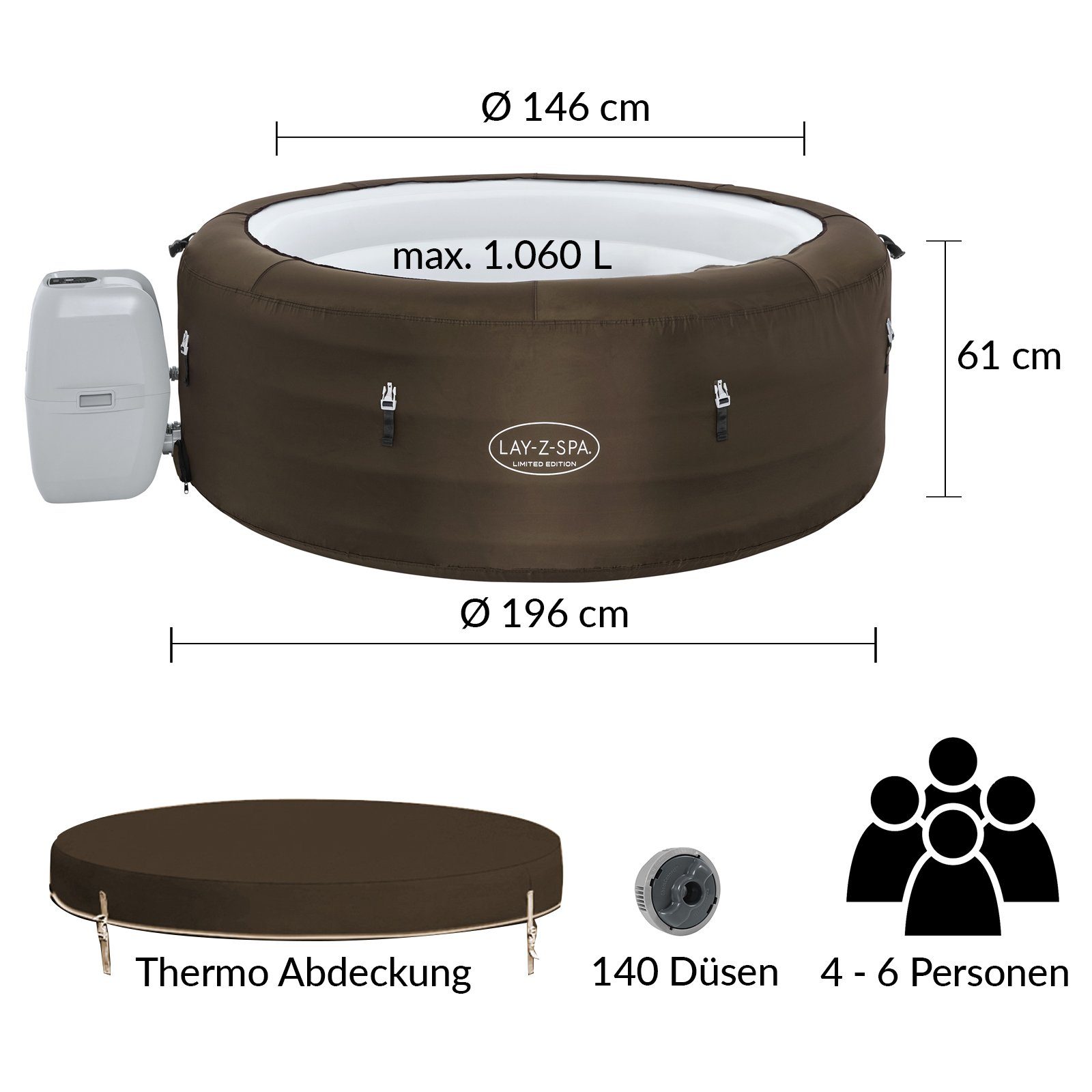 BESTWAY Whirlpool LayZSpa, Whirpool Ø196cm Lay-Z-Spa Aufblasbar Pool Massage-System 24 Std. Service von Bestway Filterpumpe Indoor & Outdoor TÜV/GS geprüft