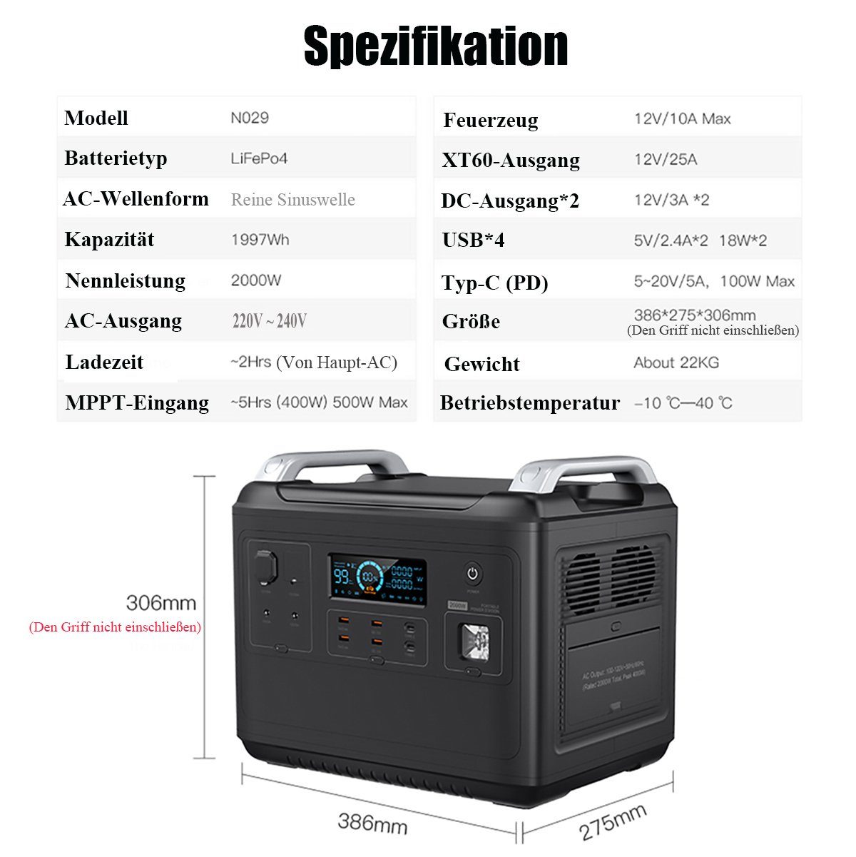 Fangqi Stromerzeuger 2000W Tragbarer PowerStation,1997Wh Solar Generator, LiFePO4-Batterie, (3000+Aufladungszyklen), Mobiler Stromspeicher für den Notfall im Freien, Camping