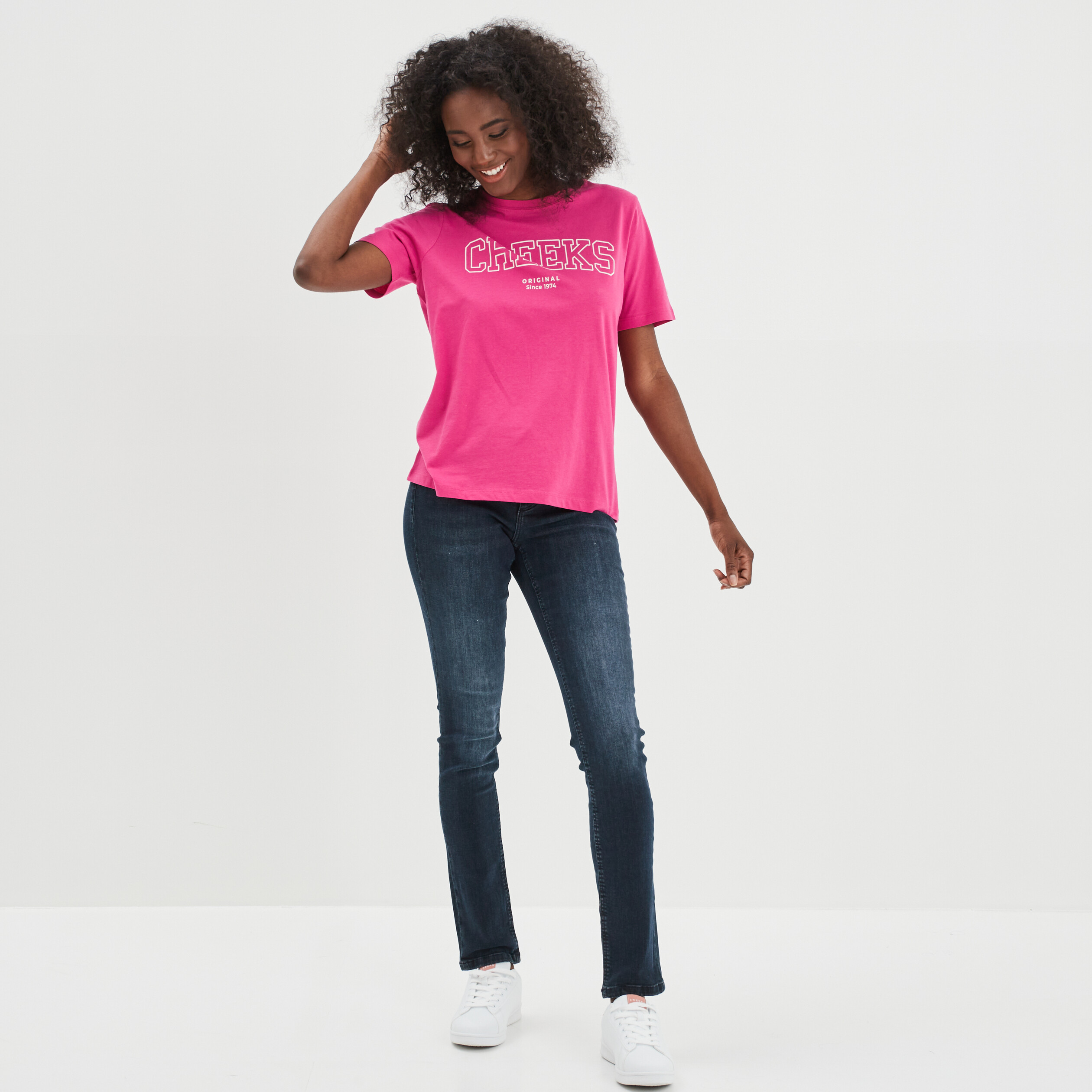 T-shirt oversize col rond coton Creeks rose framboise femme | La Halle