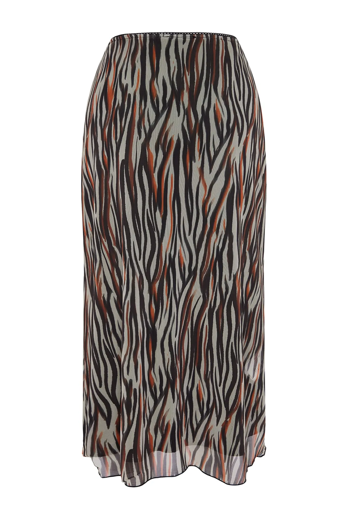 Trendyol Collection  Brauner bedruckter Midi-Strickrock aus gefüttertem Tüll mit elastischer Taille TWOAW24ET00006