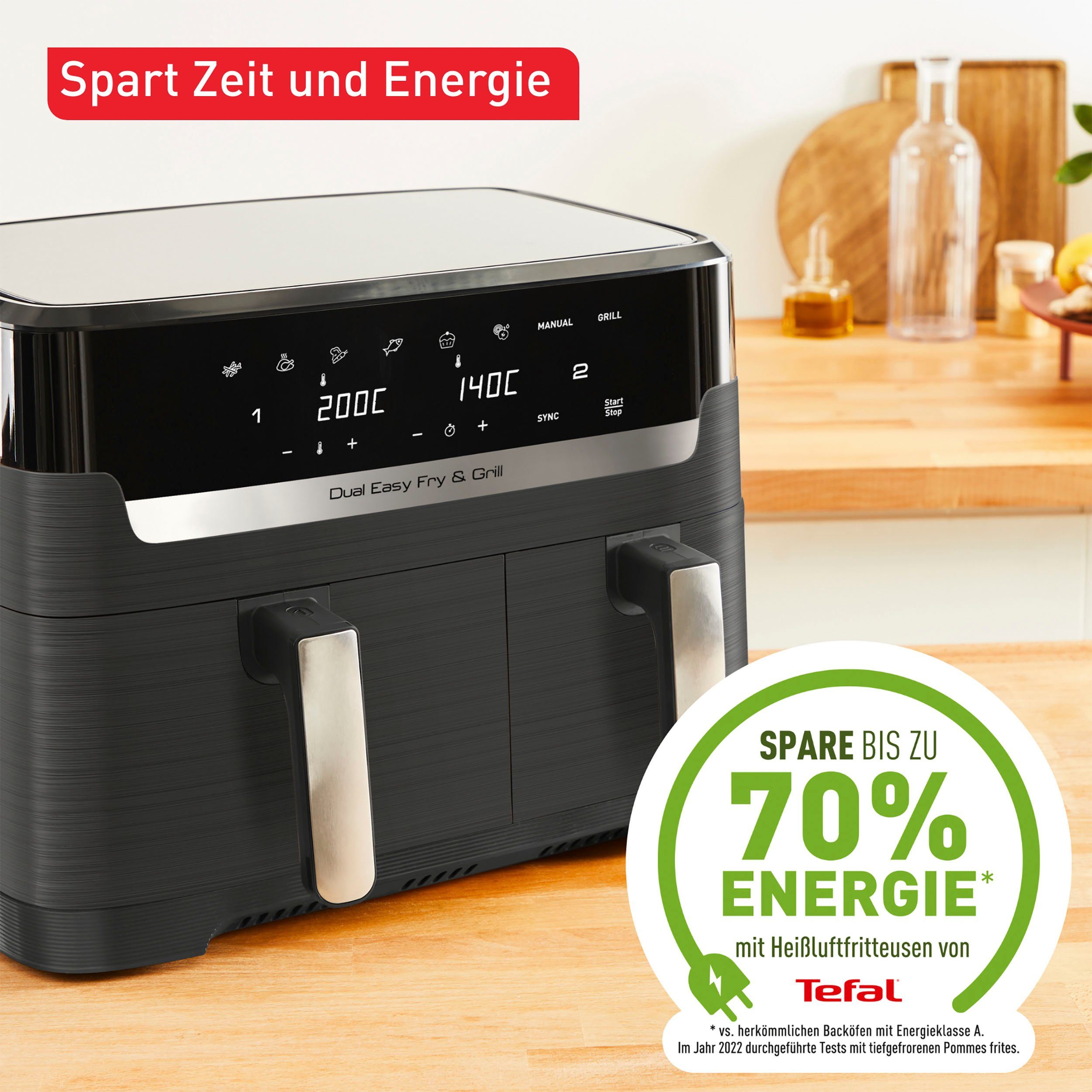 Tefal Heißluftfritteuse EY905B Dual Easy Fry & Grill Doppelkammer, 8,3 L Kapazität, 2 Laden, 2700 W, mit Hamburger Presse