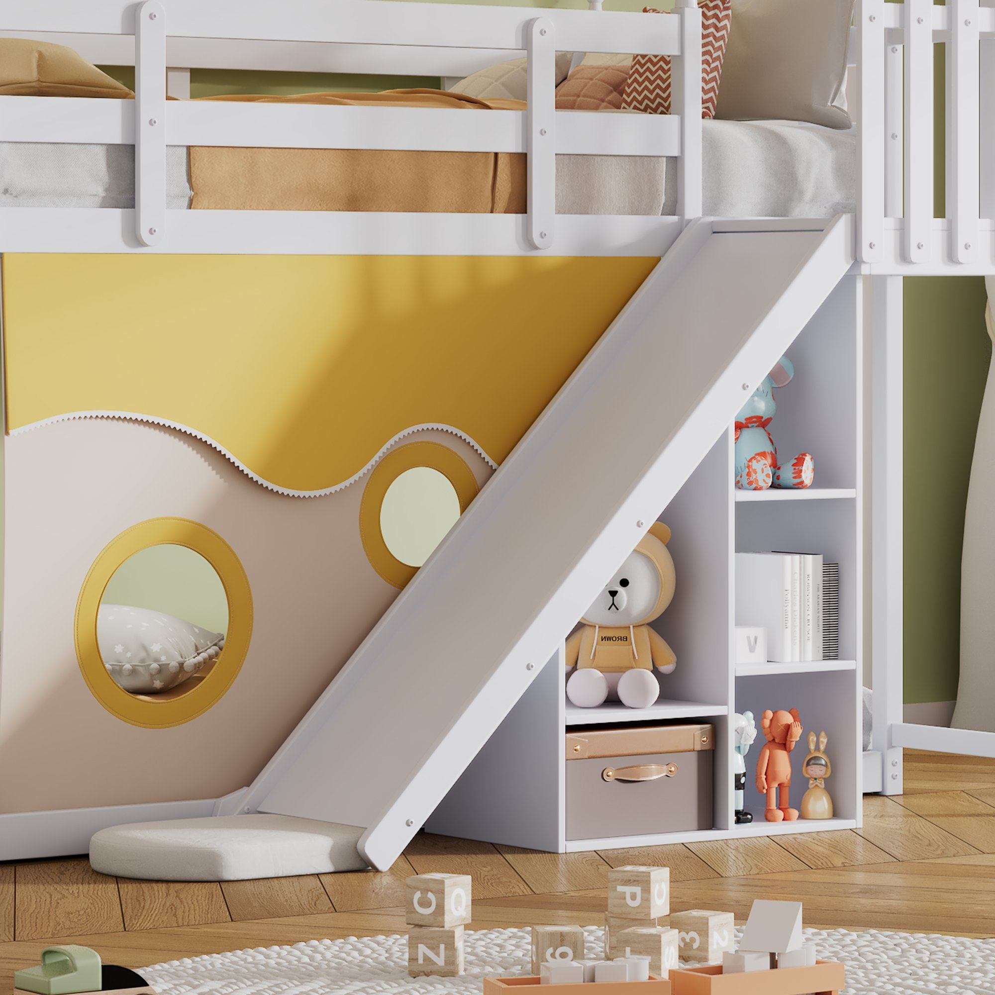 OKWISH Bett Kinderbett, Etagenbett, Holzbett mit Treppe und Zäune (mit Bettvorhang, Rutsche und Regal, mit Fallschutz und Gitter, Rahmen aus Kiefer, 90x200cm), Ohne Matratze