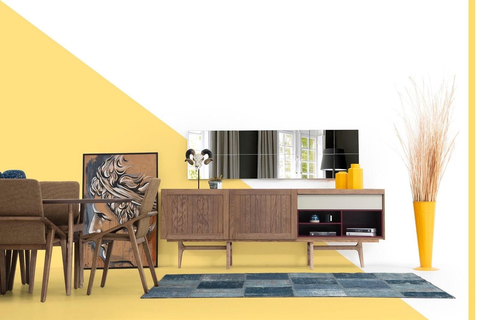JVmoebel Esszimmer-Set Esszimmer Gruppe Esstisch Stühle Sideboard Tisch Holz Set 8tlg Weiß, (8-St., Esstisch + 6x Stühle + Sideboard), Made in Europa