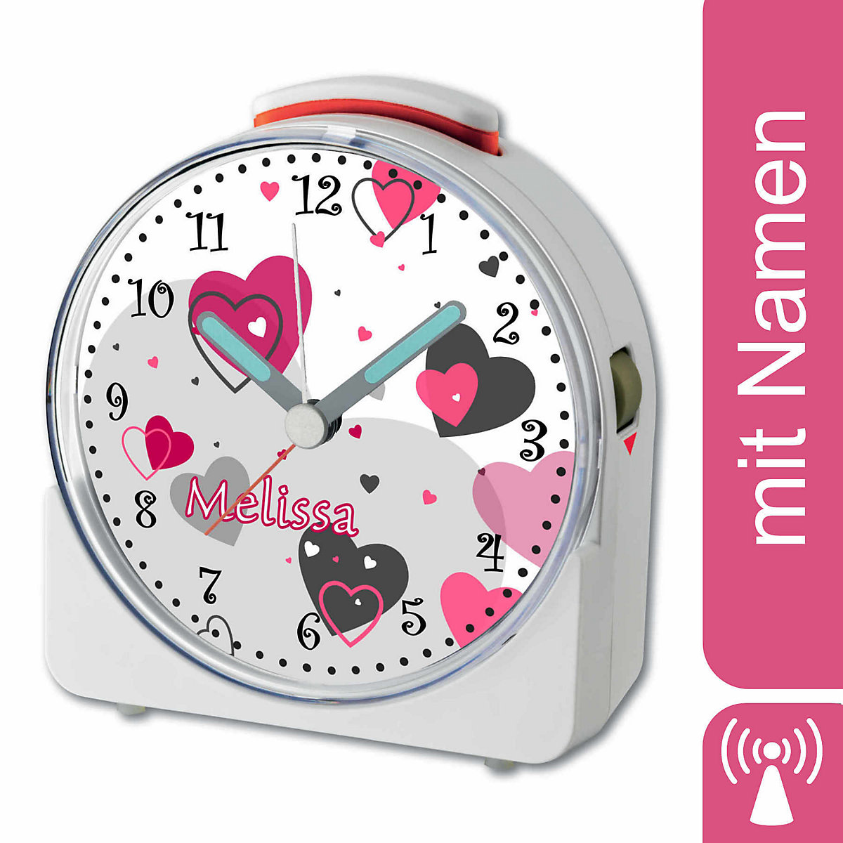 Kinder Funkwecker weiß personalisiert mit Namen Herz Rosa Grau 12-Stunden-Anzeigeformat, Geräuschlos/Ohne Ticken, Nachtlicht