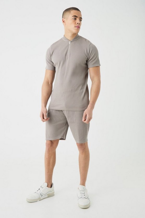 Slim-Fit Bomber-Poloshirt & Shorts in Waffeloptik