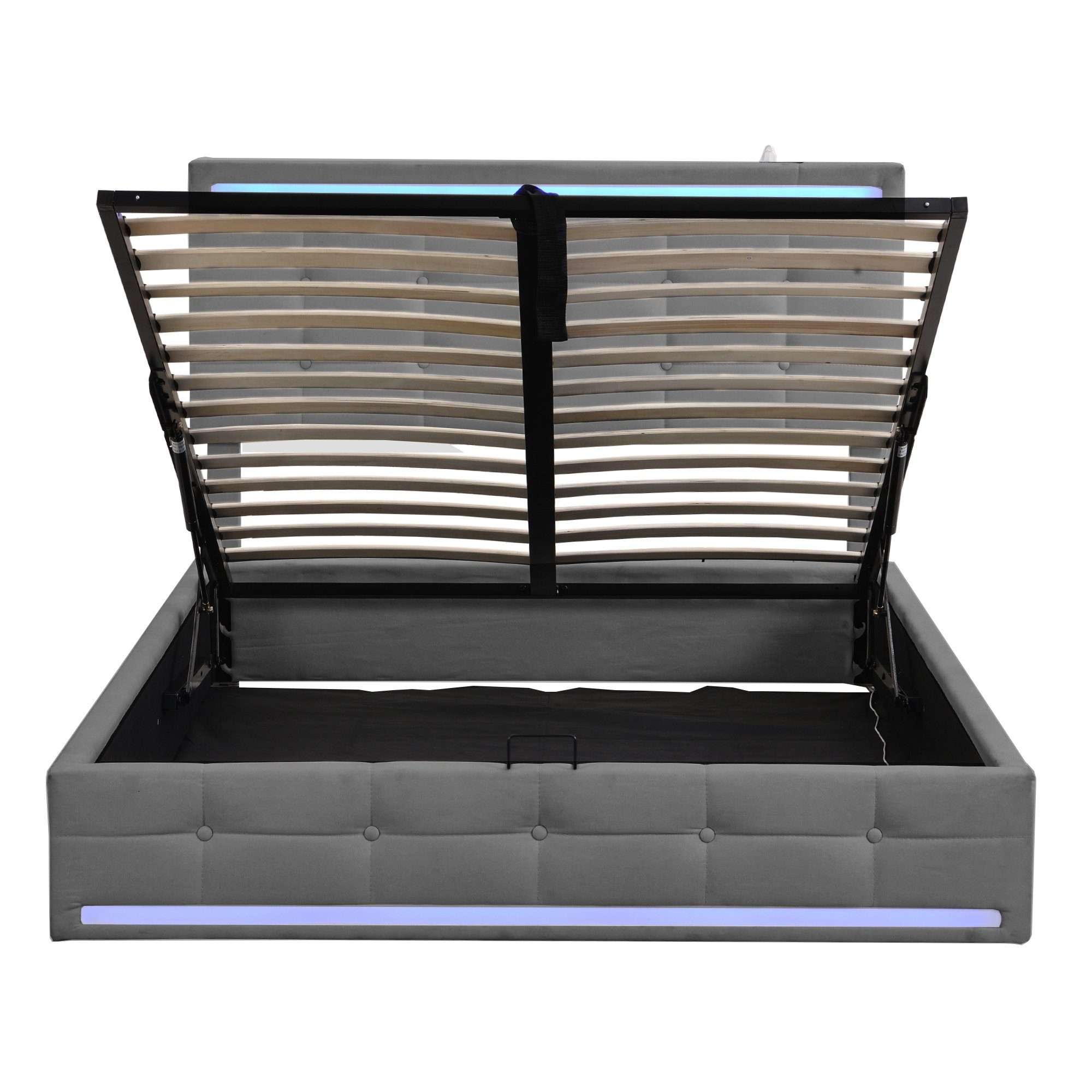 Flieks Polsterbett, LED Doppelbett Stauraumbett 2 USB-Anschluss 140x200cm Leinen