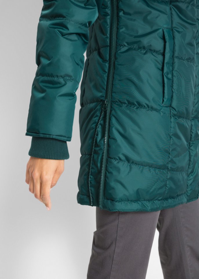 Long-Steppjacke, wattiert mit Kragen und Kapuze