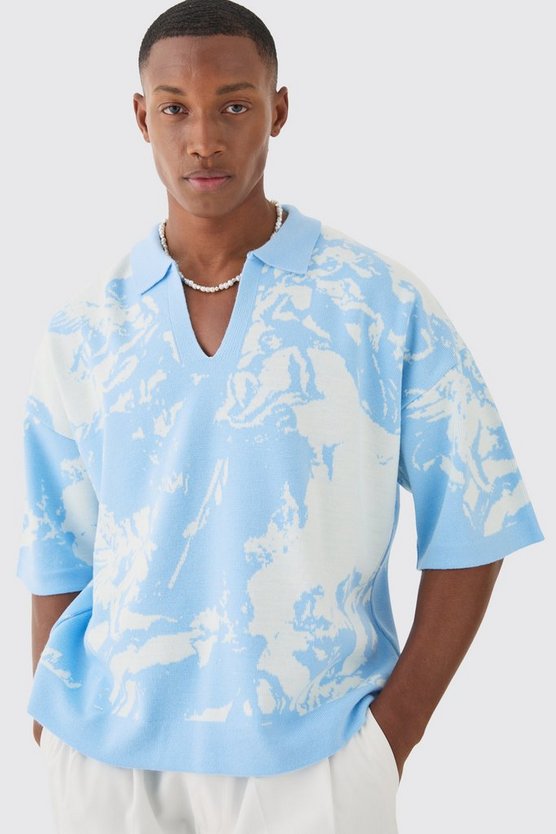 Kastiges Oversize Strick-Poloshirt mit Renaissance-Print