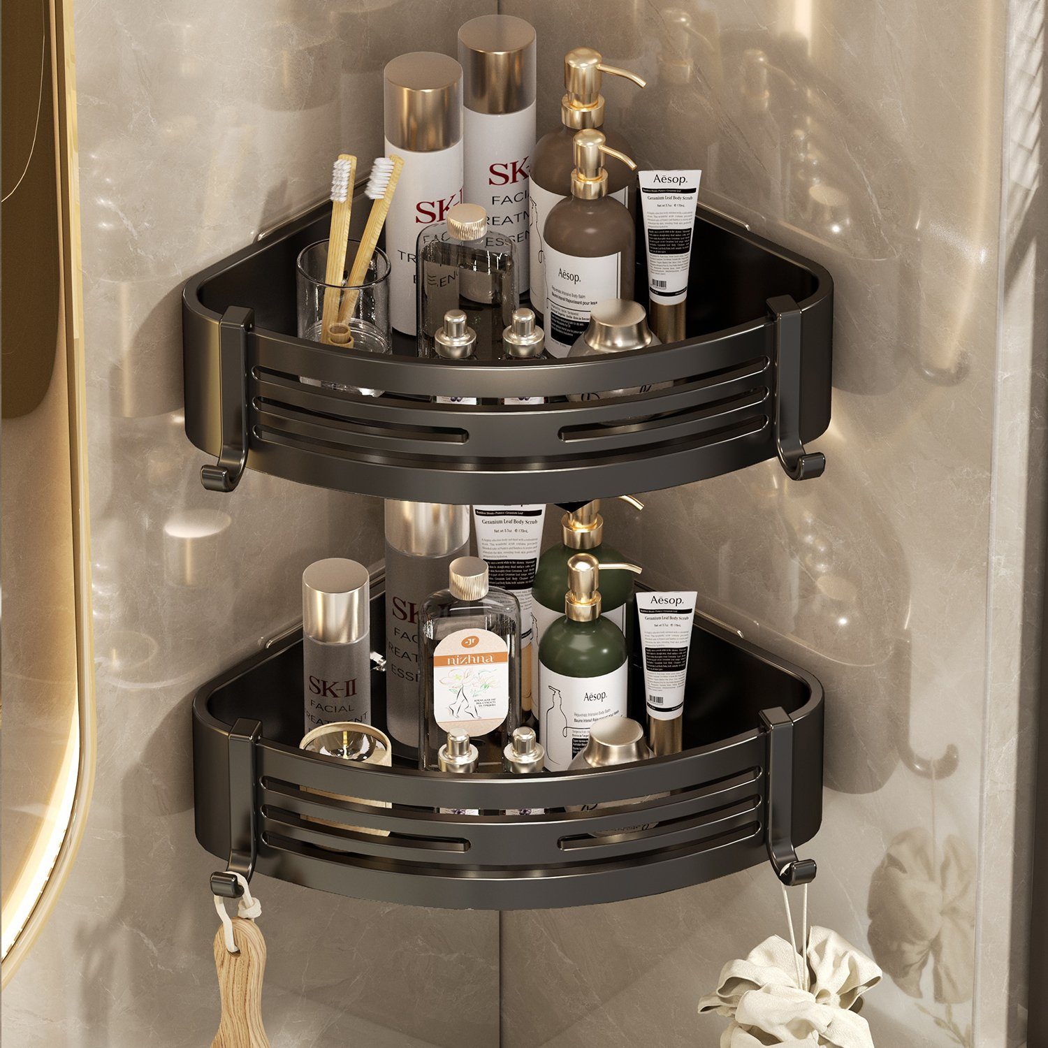 Directin Duschkorb 2-Stück Eckregal ohne Bohren aus rostfreiem Aluminium für die Dusche (Set, mit 4 Klebeflächen und 4 Haken, für Bäder Küchen Duschgel), Badezimmer Duschablage Selbstklebendes Oder Bohren