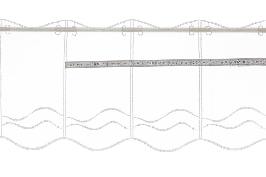 Scheibengardine nach Maß geschwungene Stick-Borte, Gardinen Kranzusch, Stangendurchzug, transparent, Kurzgardine, Wunschmaß, Stablöcher, transparent, verschiedene Höhen und Farben