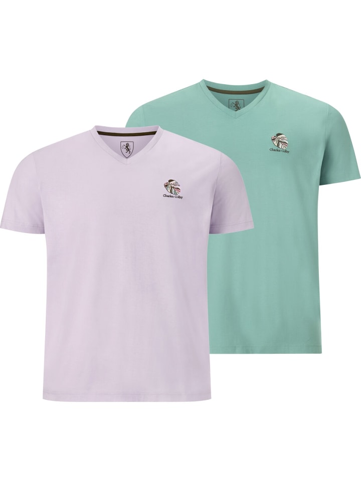 Charles Colby Doppelpack T-Shirt EARL RHODIN in helllila grün günstig kaufen