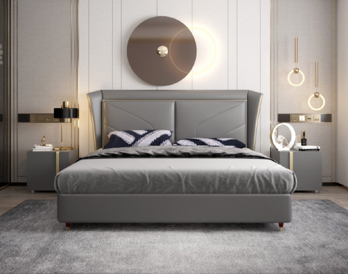 JVmoebel Bett Graues Schlafzimmer Doppelbett Designer Betten Holzgestell (1-tlg., Nur Bett), Made in Europa