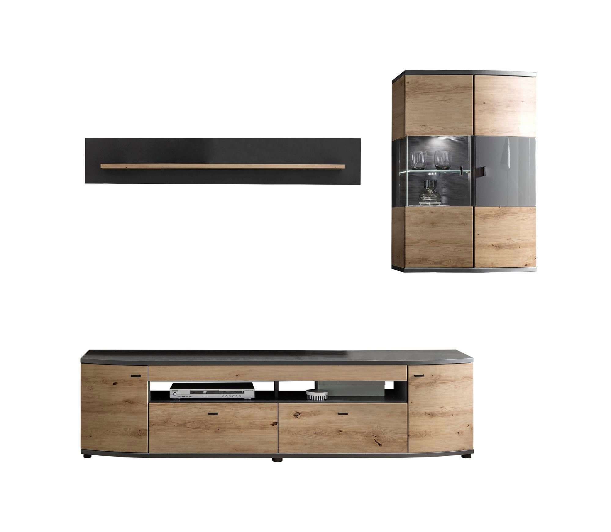 58 aufm Kessel Wohnwand Wohnkombination Jacinthe 235x200x46 Eiche/Anthrazit/Anthrazit HG 10184, (Komplettset, 3-St), Türen mit Selbsteinzug und Dämpfung