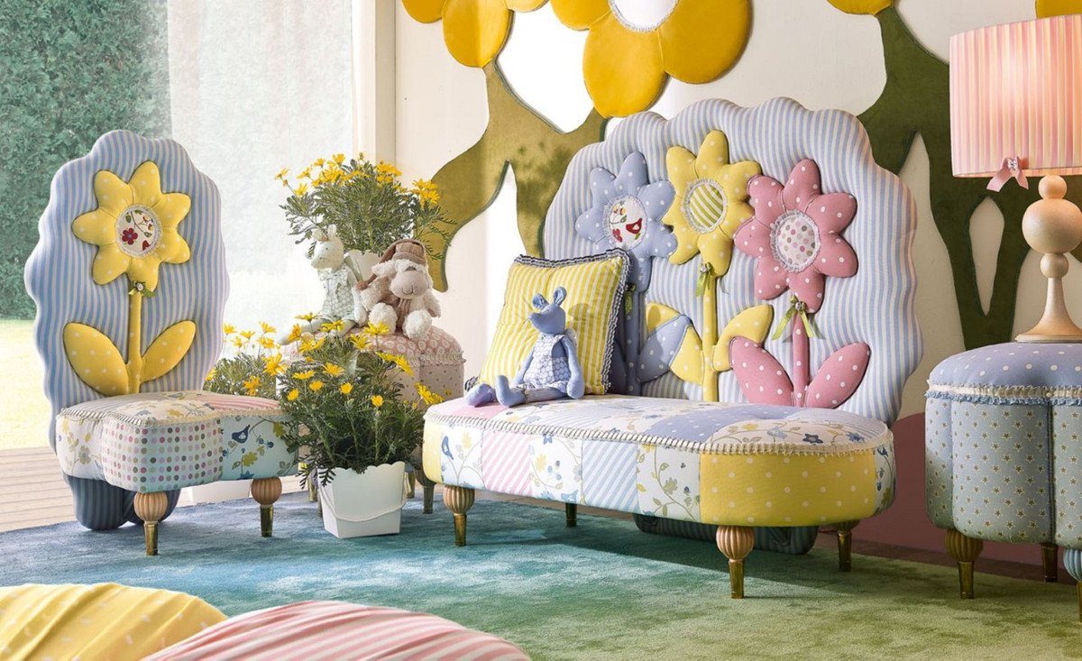 Casa Padrino Kindersofa Luxus Kindersofa Sonnenblumen Bunt - Kinderzimmer Sofa - Kinderzimmer Möbel - Erstklassische Qualität - Made in Italy