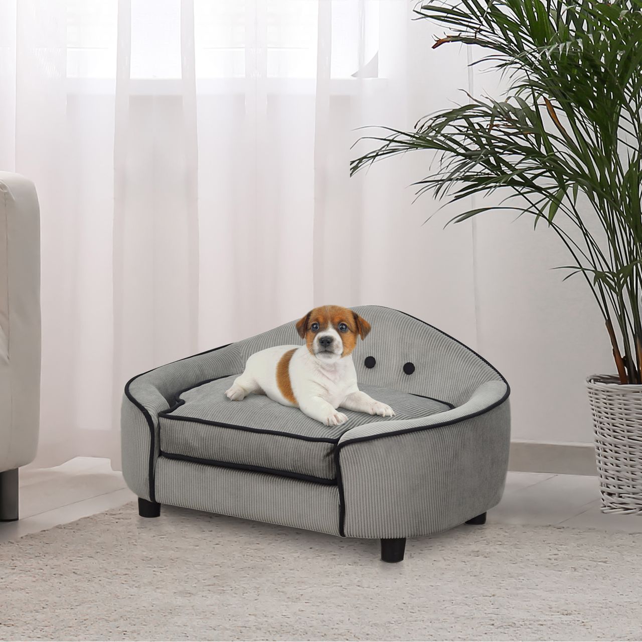 PawHut Haustiersofa, Hundebett, Hundematte, Hundesofa, Naturholz Plüsch, Grau, 66,5 x 45 x 35,5 cm