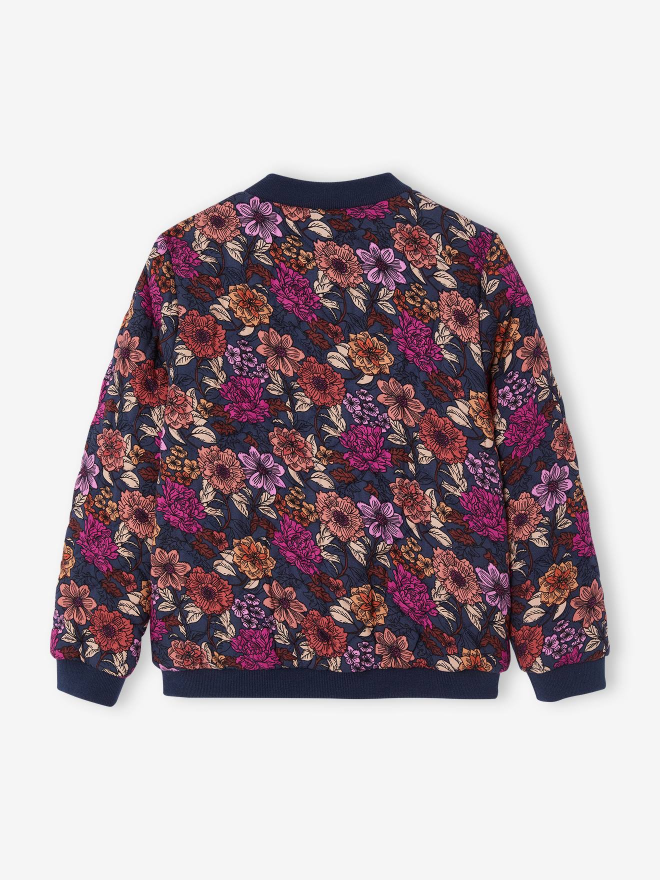 Blouson matelassé style bomber motifs fleurs fille bleu nuit