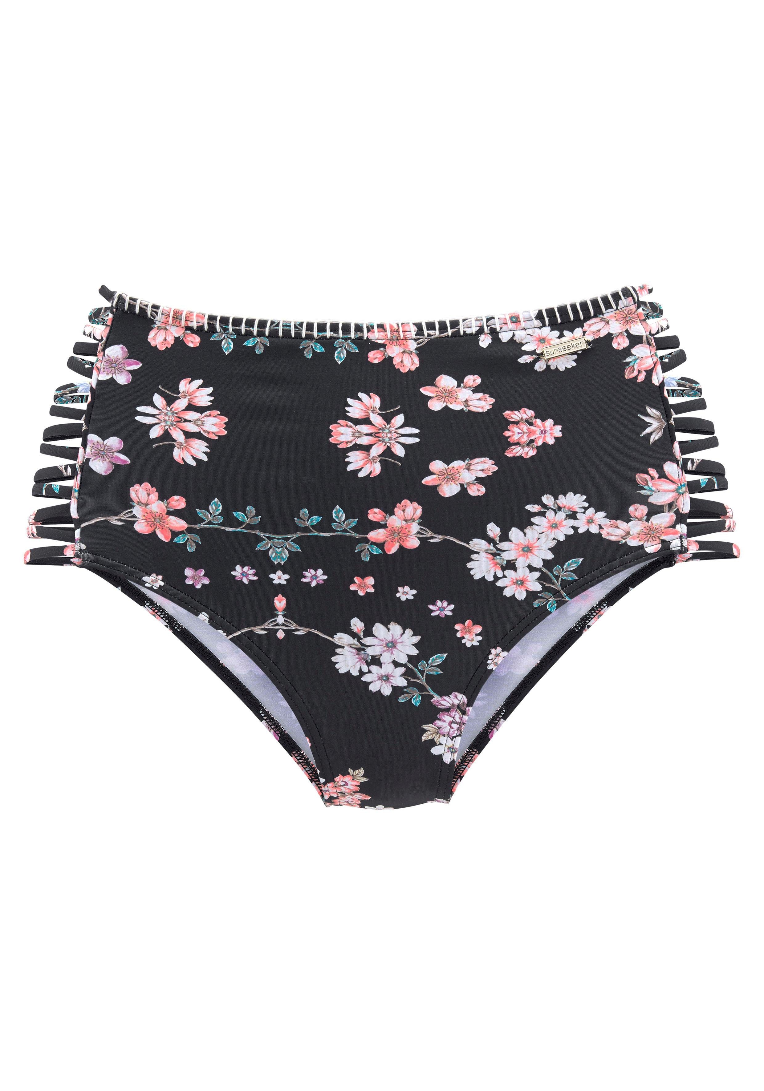 Sunseeker Highwaist-Bikini-Hose Ditsy mit Häkelkante und seitlichen Zierbändern