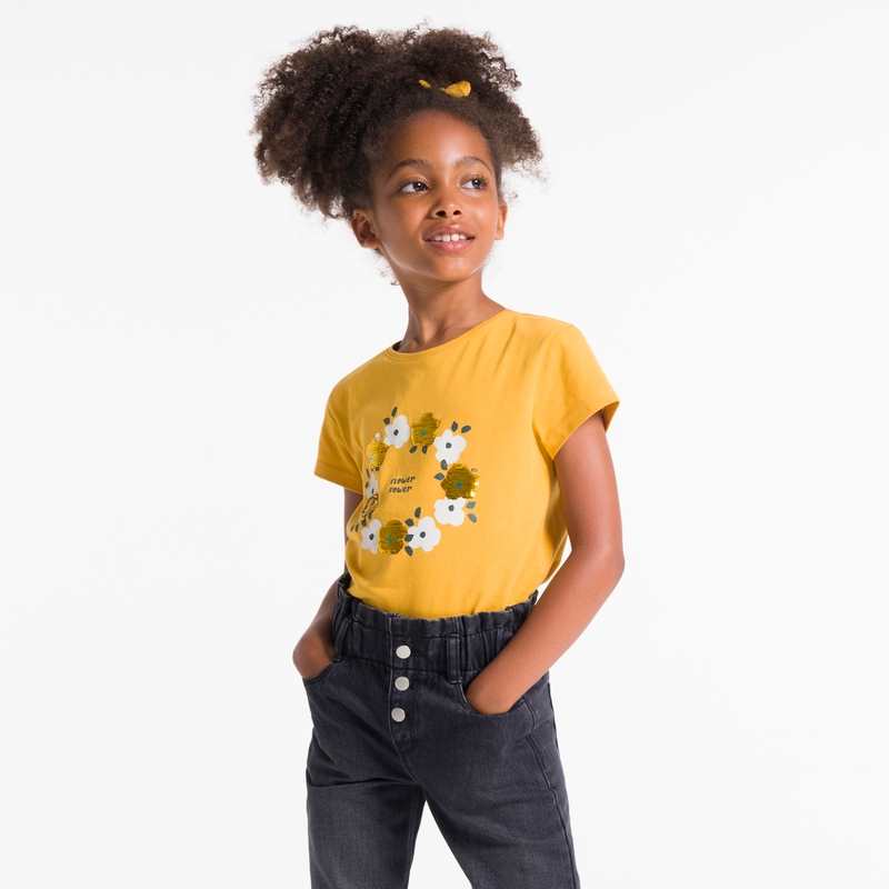 T-shirt à fleurs et sequins jaune Fille