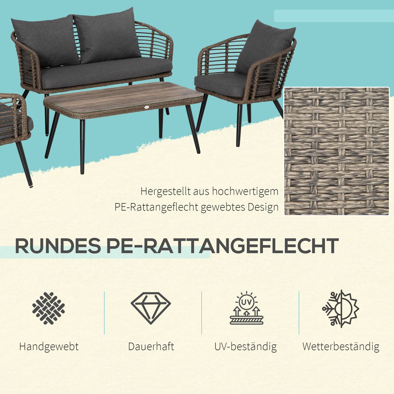 Outsunny Polyrattan Gartenmöbel Set 4-teiliges Rattensofa-Set Sitzgruppe Sitzgarnitur für Pause Lounge Teetisch mit Sofa Kissen Stahl Braun Grau
