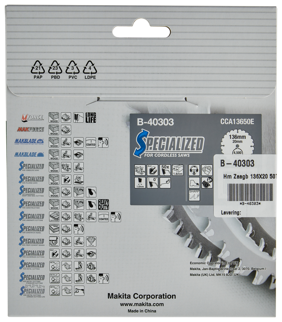 Accessori Makita B-40303 Lama circolare in alluminio specializzata 136x20x1.6 50T 0g