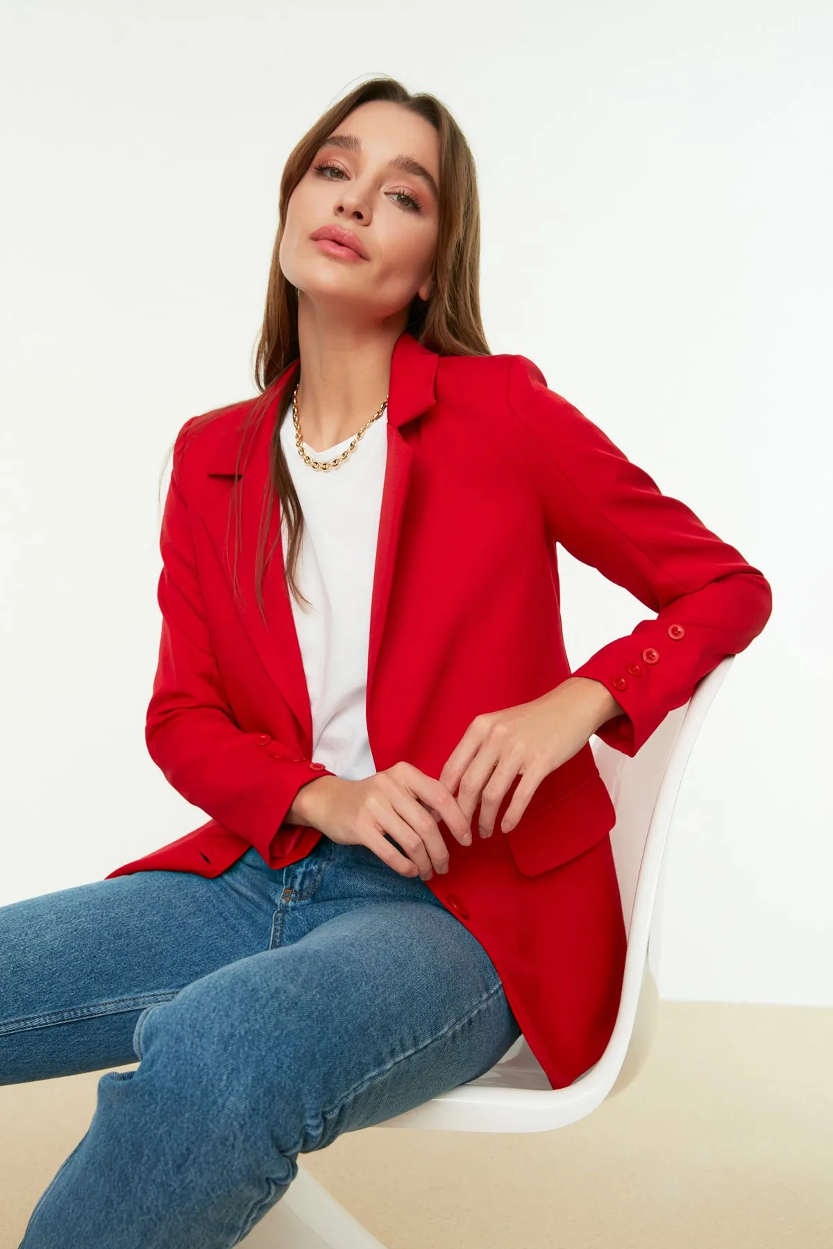 Trendyol Collection  Roter, normal gefütterter, gewebter Blazer mit Knöpfen TWOAW22CE0165