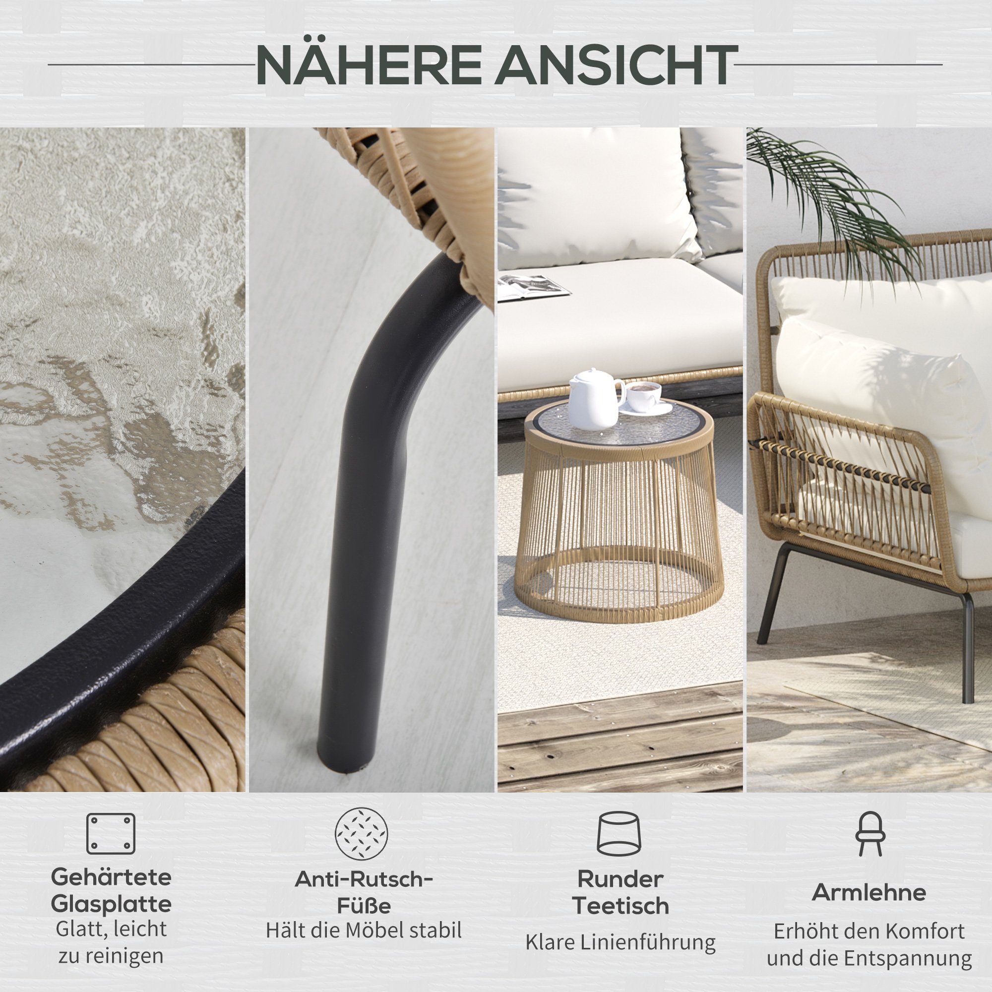 Outsunny Sitzgruppe Gartengarnitur mit 1 Beistelltisch, (Rattan Gartenmöbel-Set, 3-tlg., Sitzgarnitur), mit weichem Sitz- und Rückenkissen