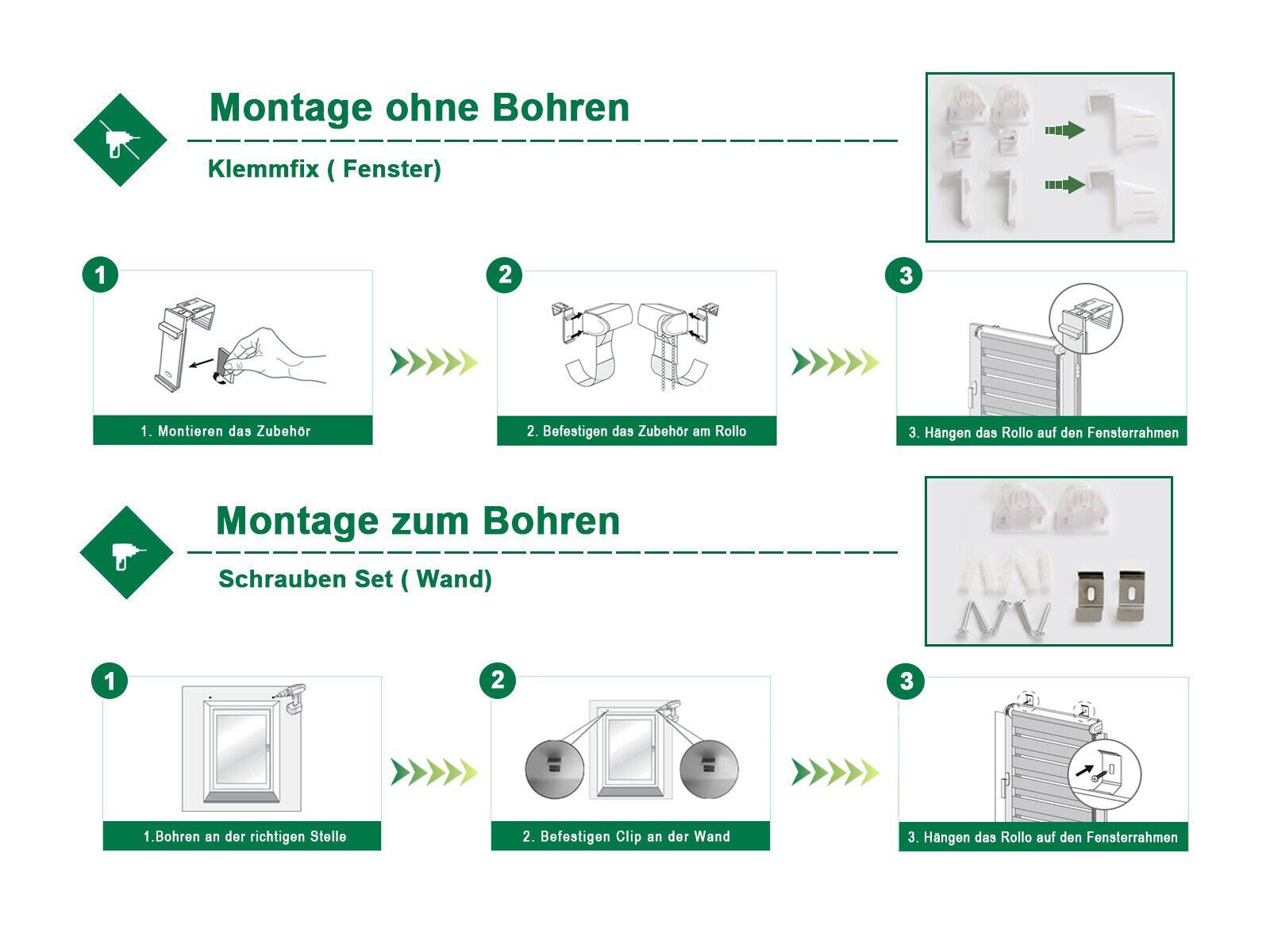 Doppelrollo ohne Bohren 130cm/150cm/230cm, OUBO, freihängend, verspannt, Klemmfix, Klemmträger, Für Fenster und Tür mit Klemmträger lichtdurchlässig verdunkelnd