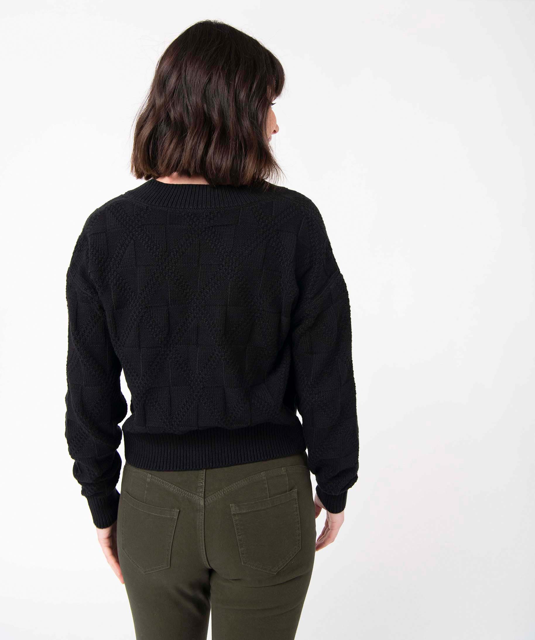Pull femme court à col V en maille fantaisie noir | GEMO