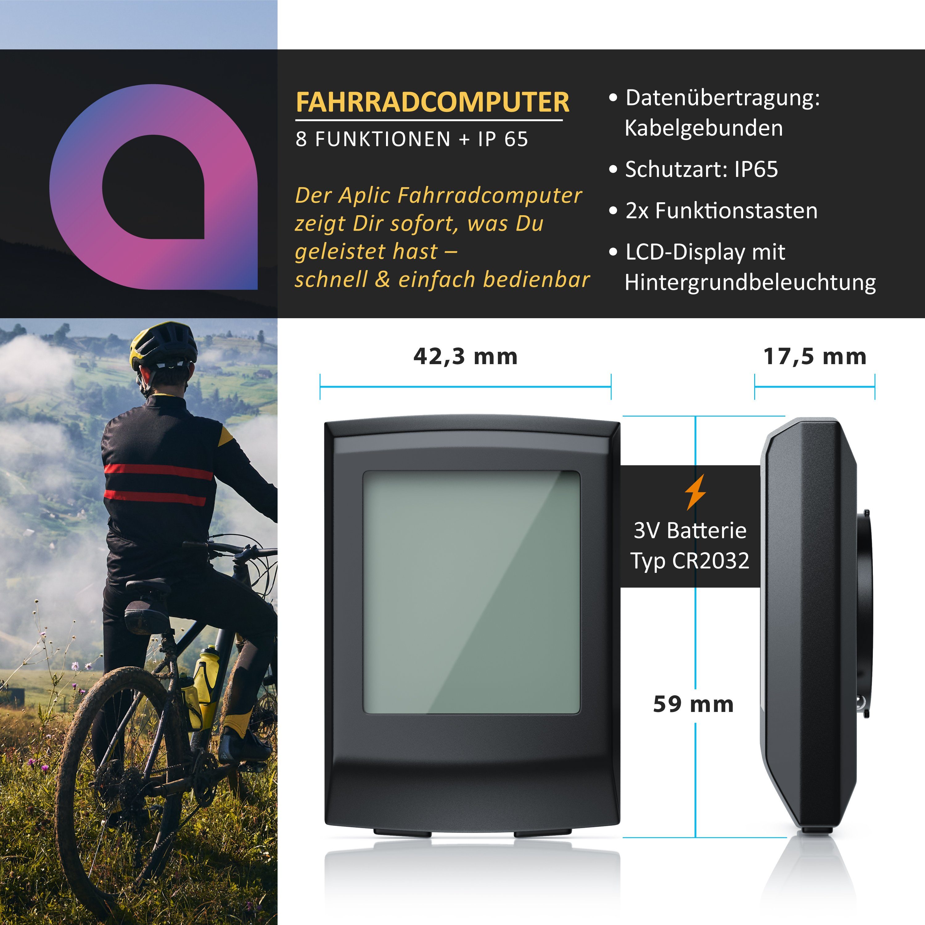 Aplic Fahrradcomputer, 13 Funktionen, kabelgebunden, inkl. Geschwindigkeitssensor