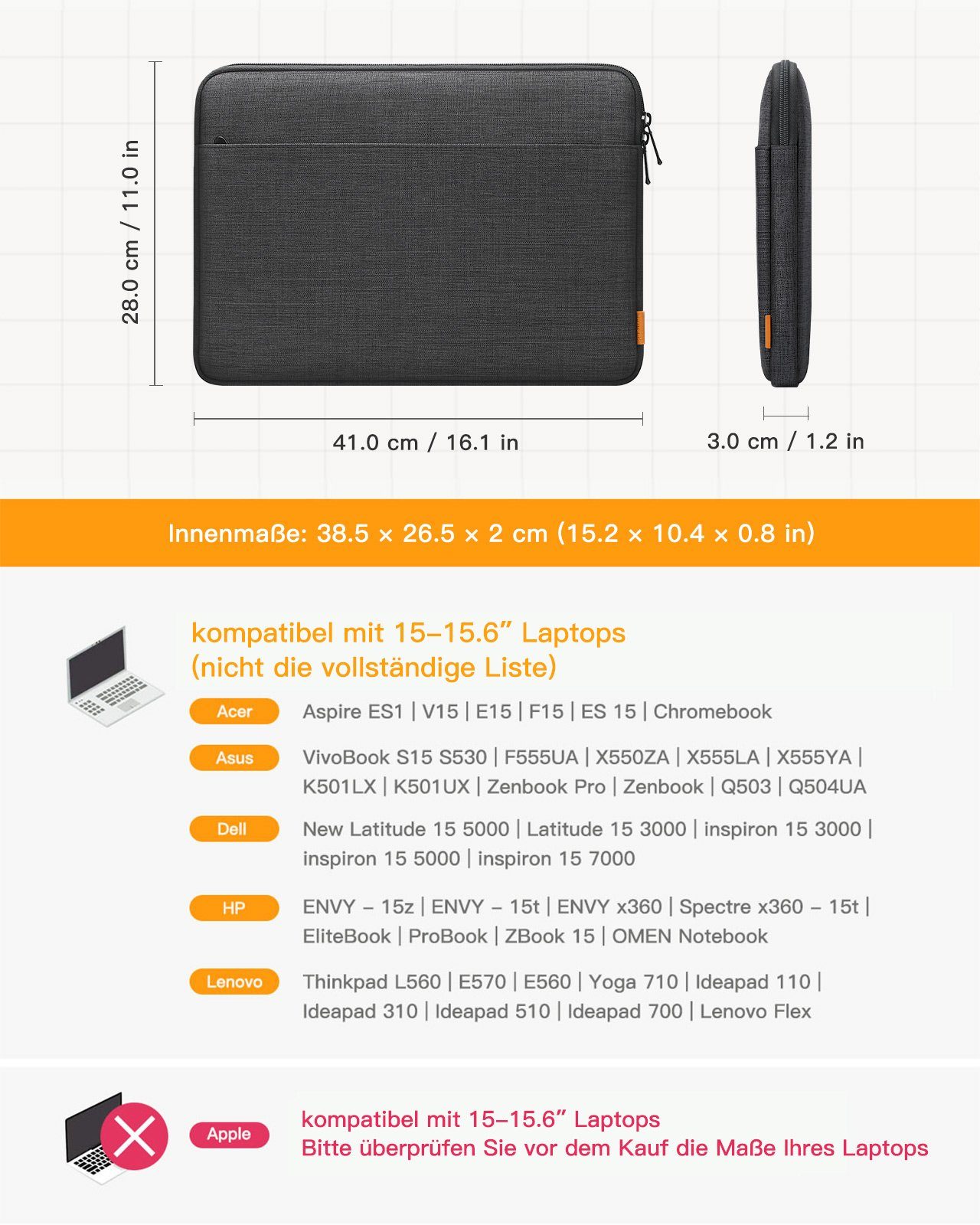 Inateck Laptop-Hülle 15.6 Zoll Laptoptasche Notebook Sleeve Schutzhülle
