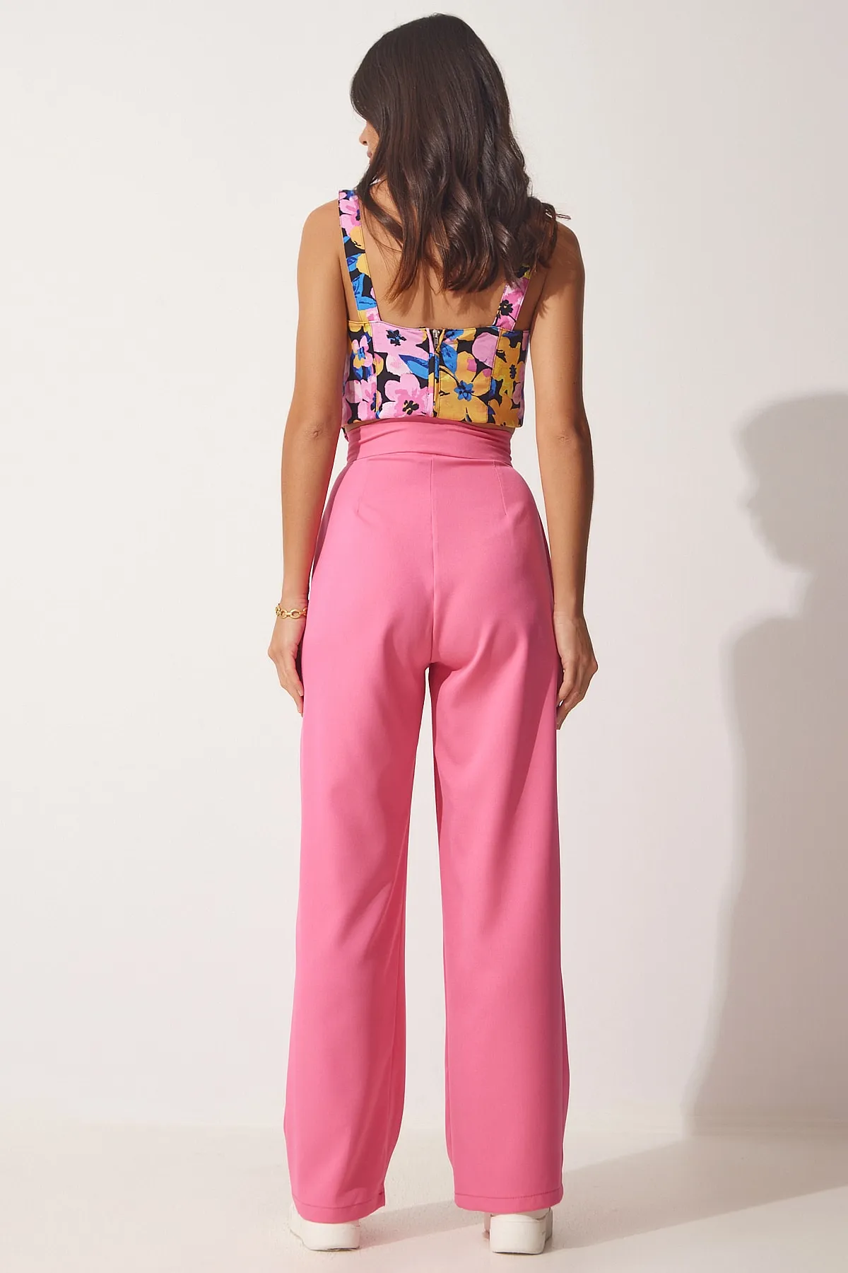 Happiness İstanbul  Rosafarbene Damen-Hose mit Klettverschluss und lockerer Taille YL00001