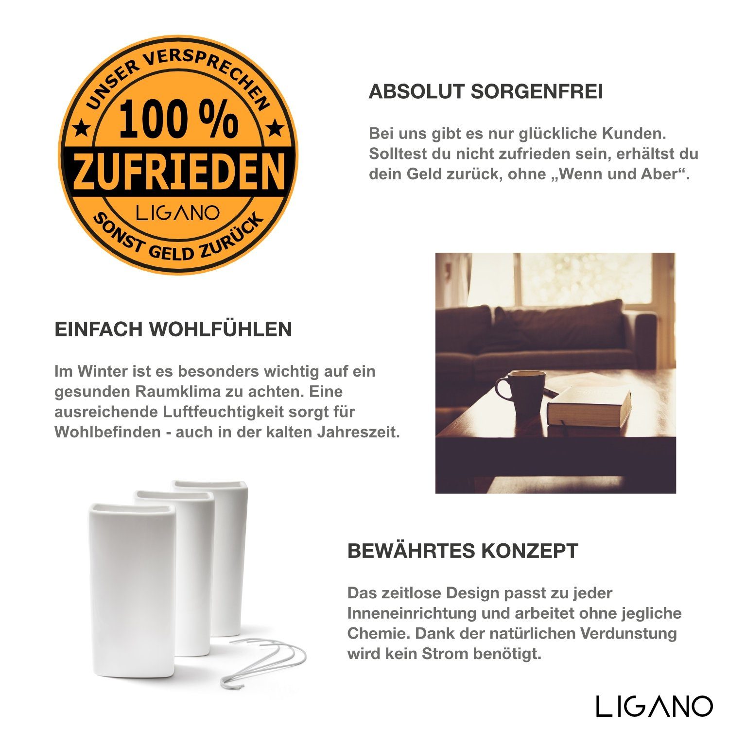 Ligano Luftbefeuchter für Heizkörper 3er Set, Keramik Wasserverdunster für die Heizung, 0,40 l Wassertank, Hohe Keramik-Qualität und sichere Versandverpackung