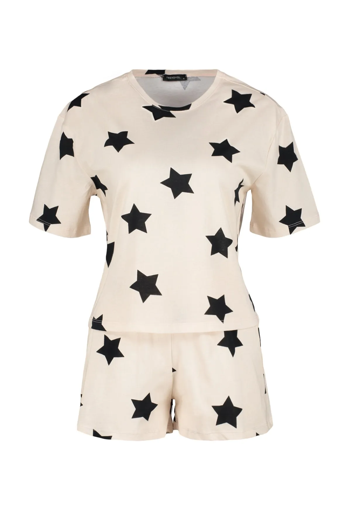 Trendyol Collection  Hellrosa Strick-Pyjama-Set mit T-Shirt und Shorts aus 100 % Baumwolle mit Sternmuster THMSS22PT0501