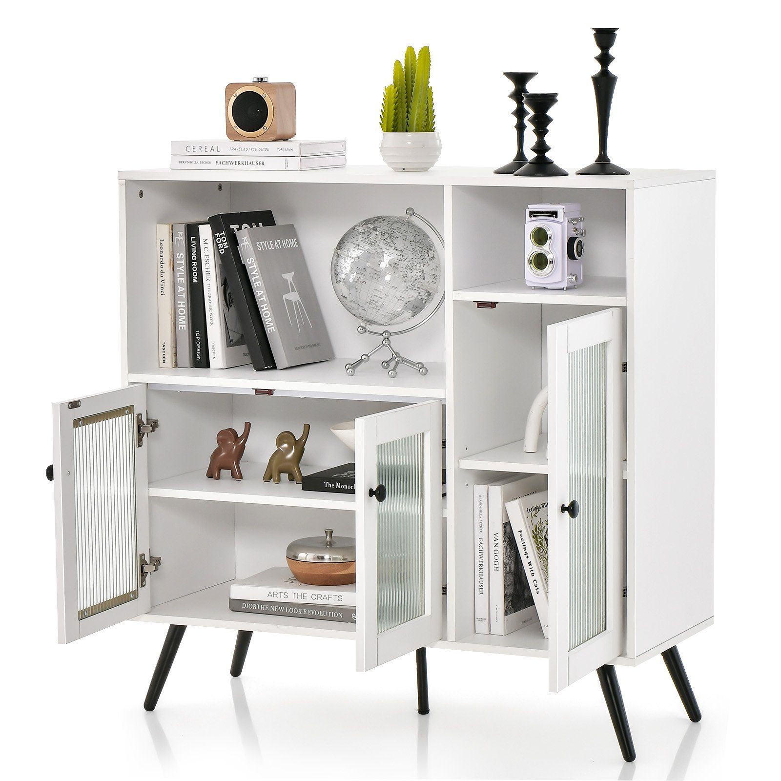 COSTWAY Küchenbuffet mit Glastüren & Fächern, Kippschutz, 100x39,5x100cm