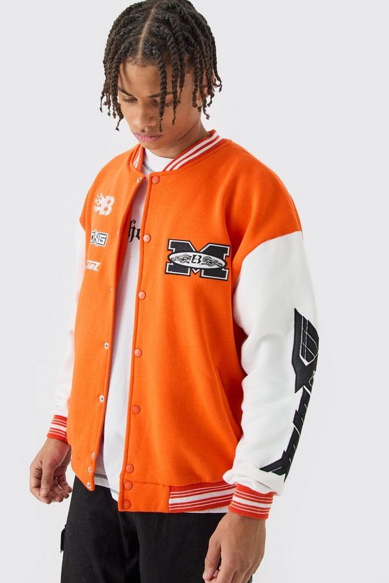 Oversize Jersey-Bomberjacke mit Moto-Applikation