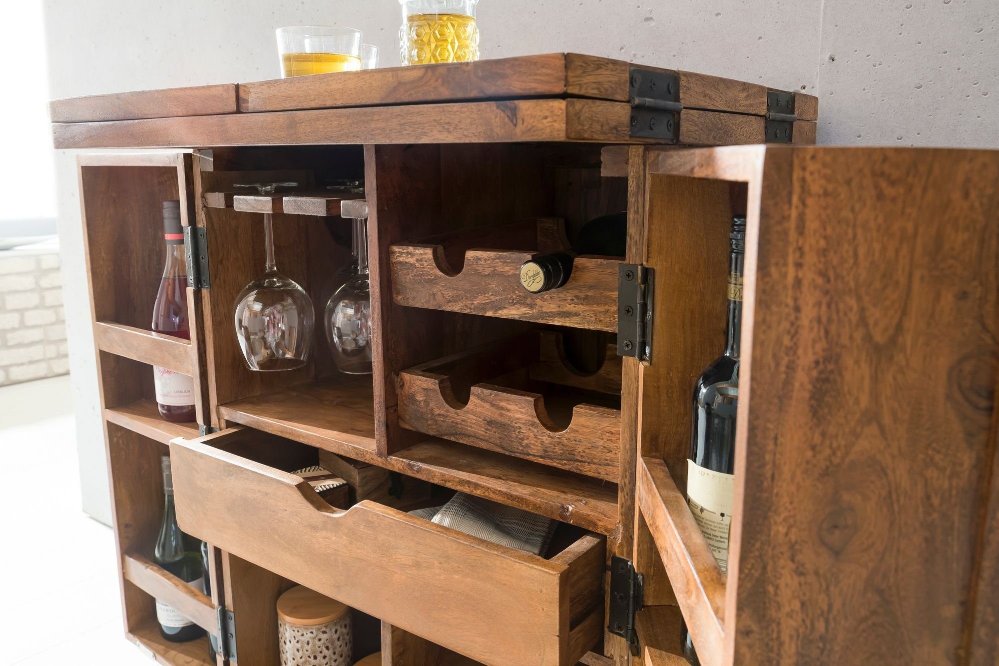 KADIMA DESIGN Barschrank Hausbar Massivholz Sheesham Vitrine ausklappbar