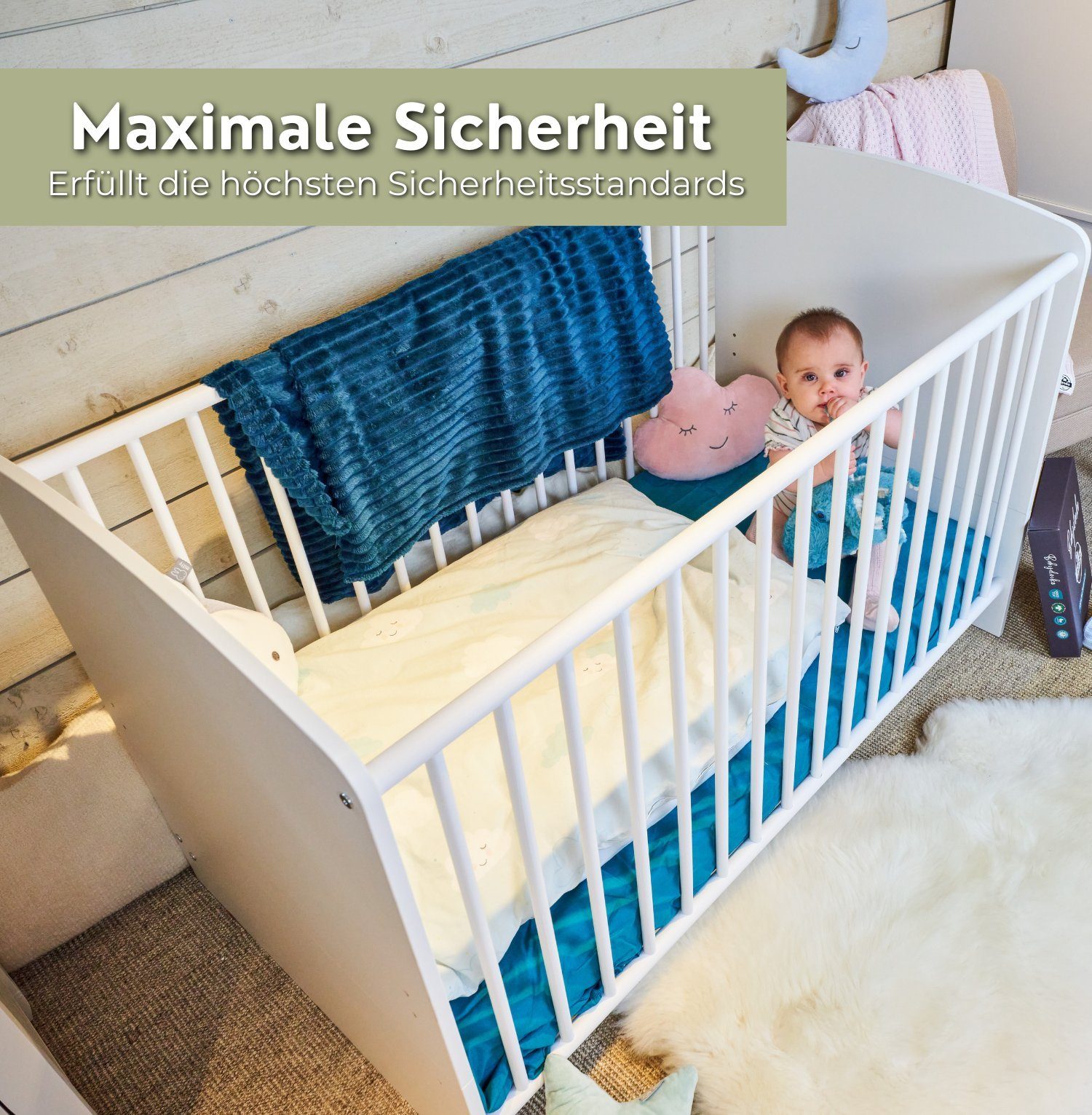 Alavya Home® Babybett STORM I Kinderbett Umbaubares Gitterbett höhenverstellbar, Babybett 60x120 cm inkl. Lattenrost mit herausnehmbare Sprossen