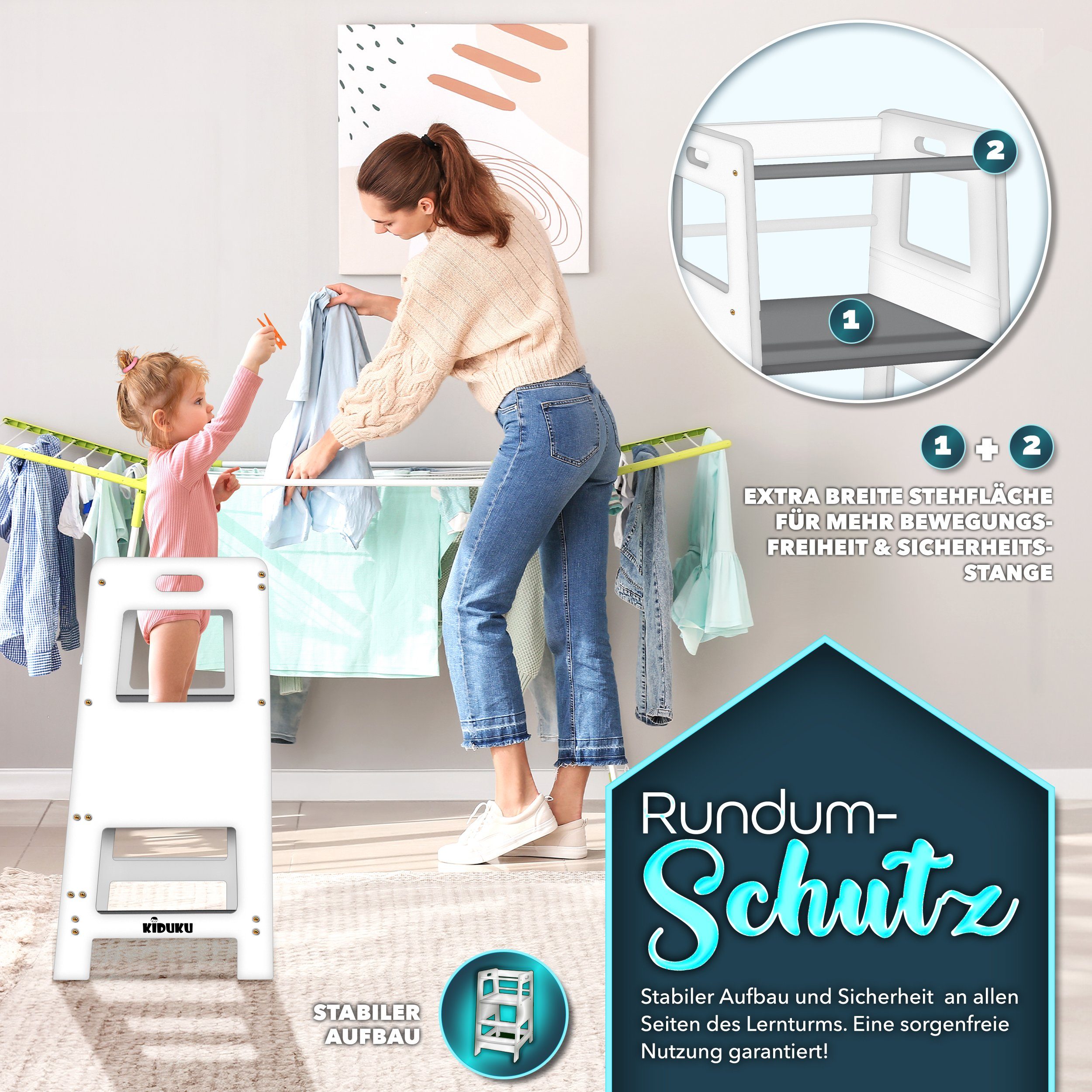 KIDUKU Stehhilfe Lernturm aus Holz ab 1 Jahr mit 4 Stück Antirutsch Pads (Montessori Kinder-Schemel für Kinder), Lerntower für höchste Sicherheit, Learning Tower für Mädchen & Jungen