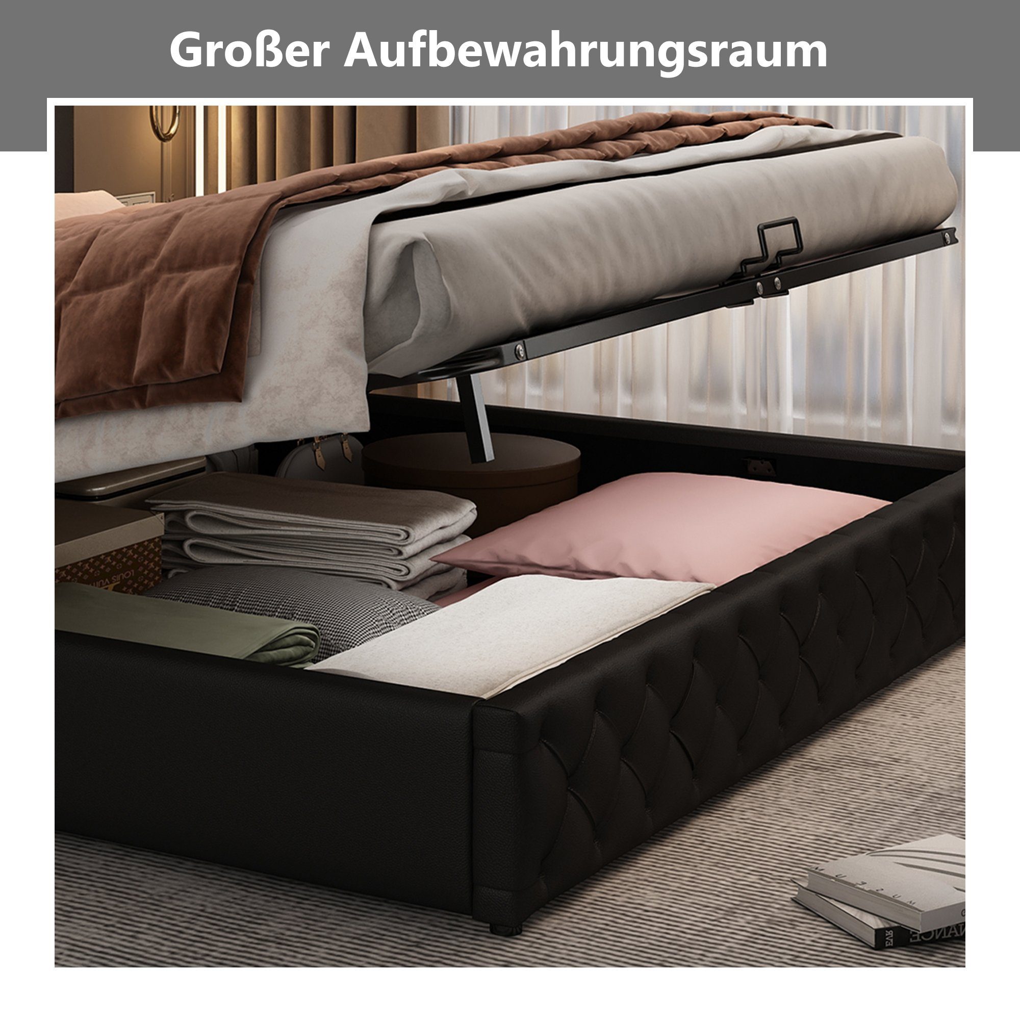 HAUSS SPLOE Polsterbett Polsterbett Funktionsbett Doppelbett Bettrahmen Bettgestelle (Kunstleder, Hydraulisch 140 x 200 cm/180 x 200 cm), Funktionsbett mit Lattenrost und Stauraum, Mit LED-Beleuchtung