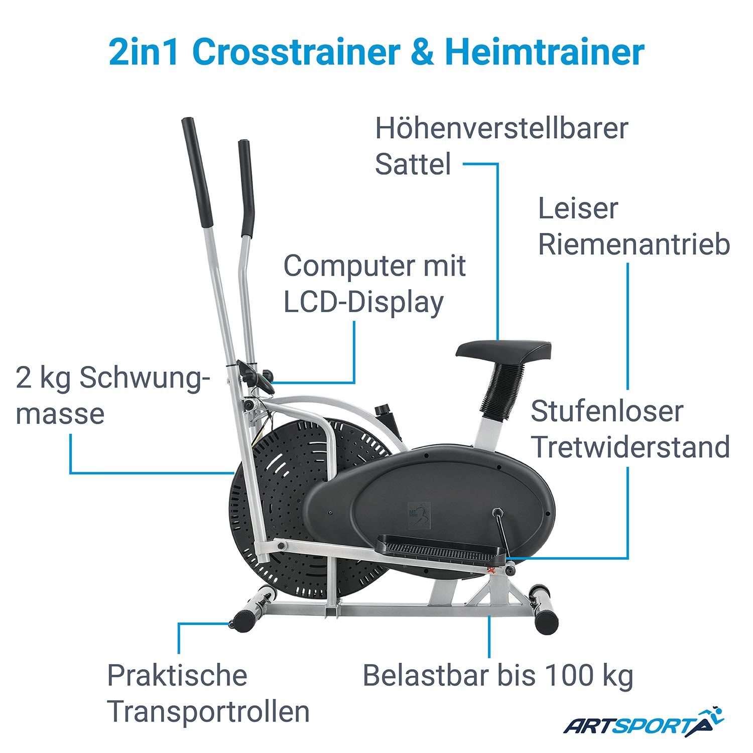 ArtSport Crosstrainer 2 in 1, leiser Riemenantrieb, 2 kg Schwungrad, stufenloser Widerstand