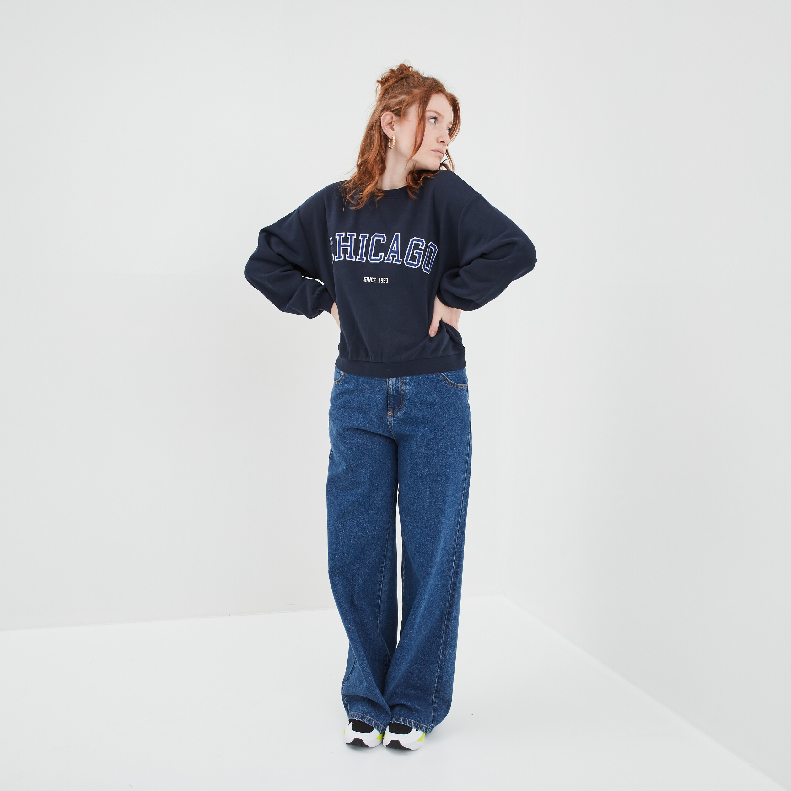 Sweat col rond manches courtes Creeks bleu marine femme | La Halle